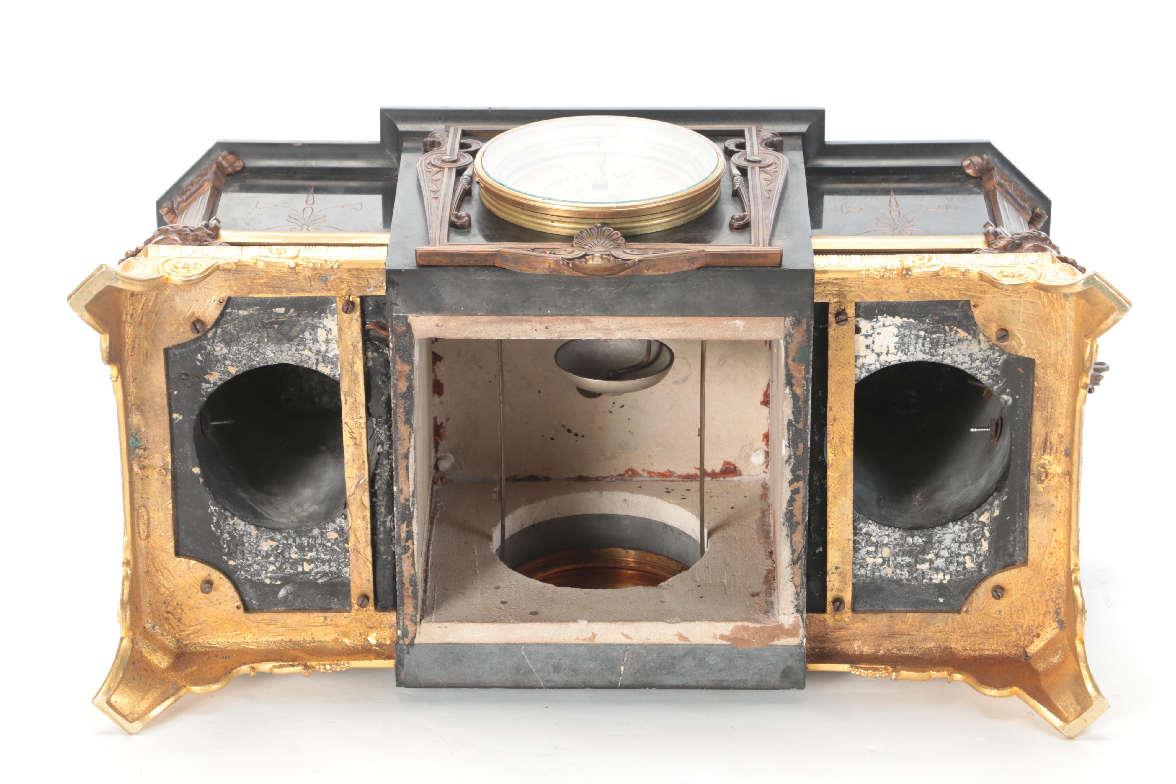 French Bronze-Mounted Slate Sculpture Mantel Clock, 19th Century