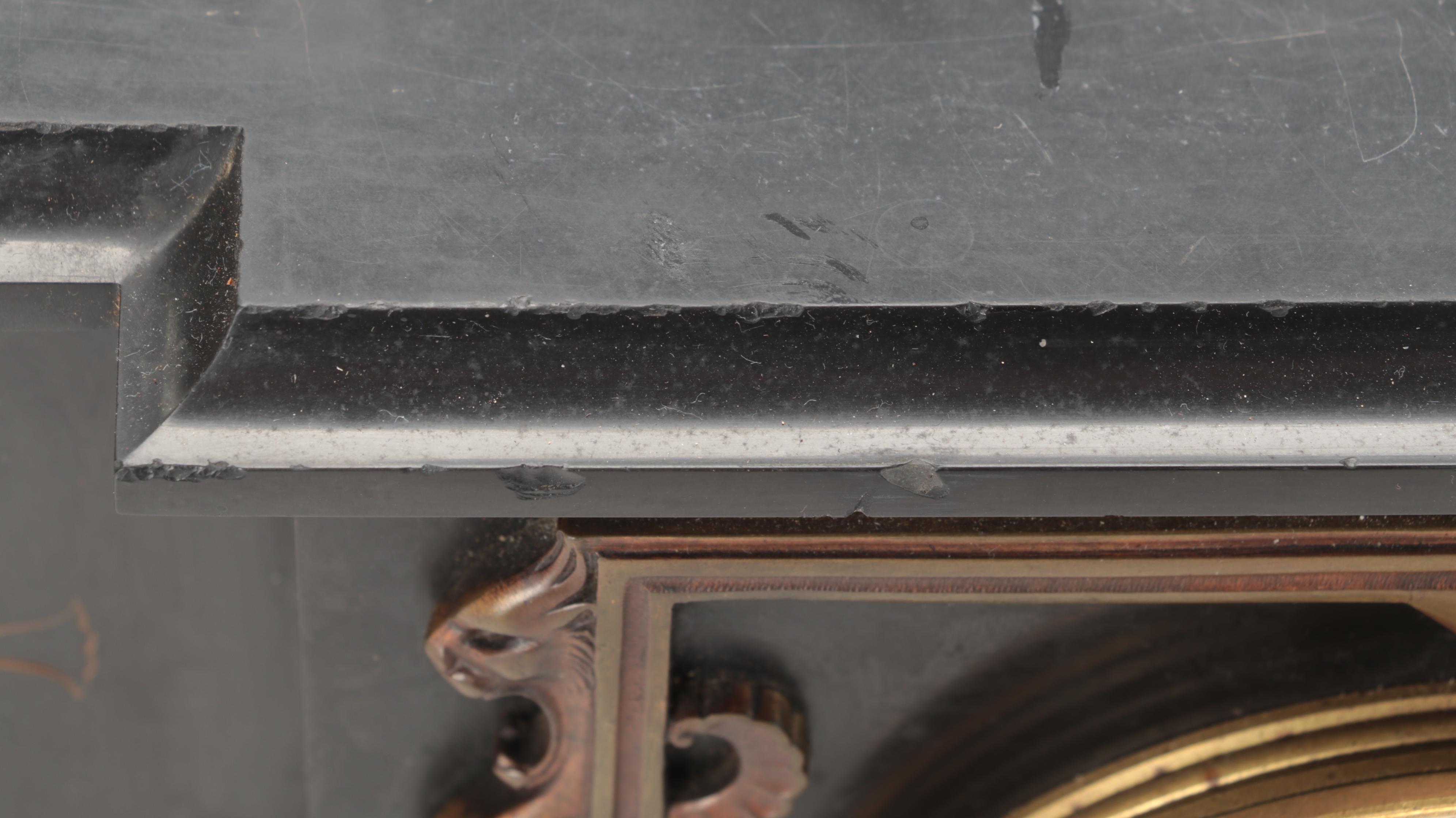 French Bronze-Mounted Slate Sculpture Mantel Clock, 19th Century