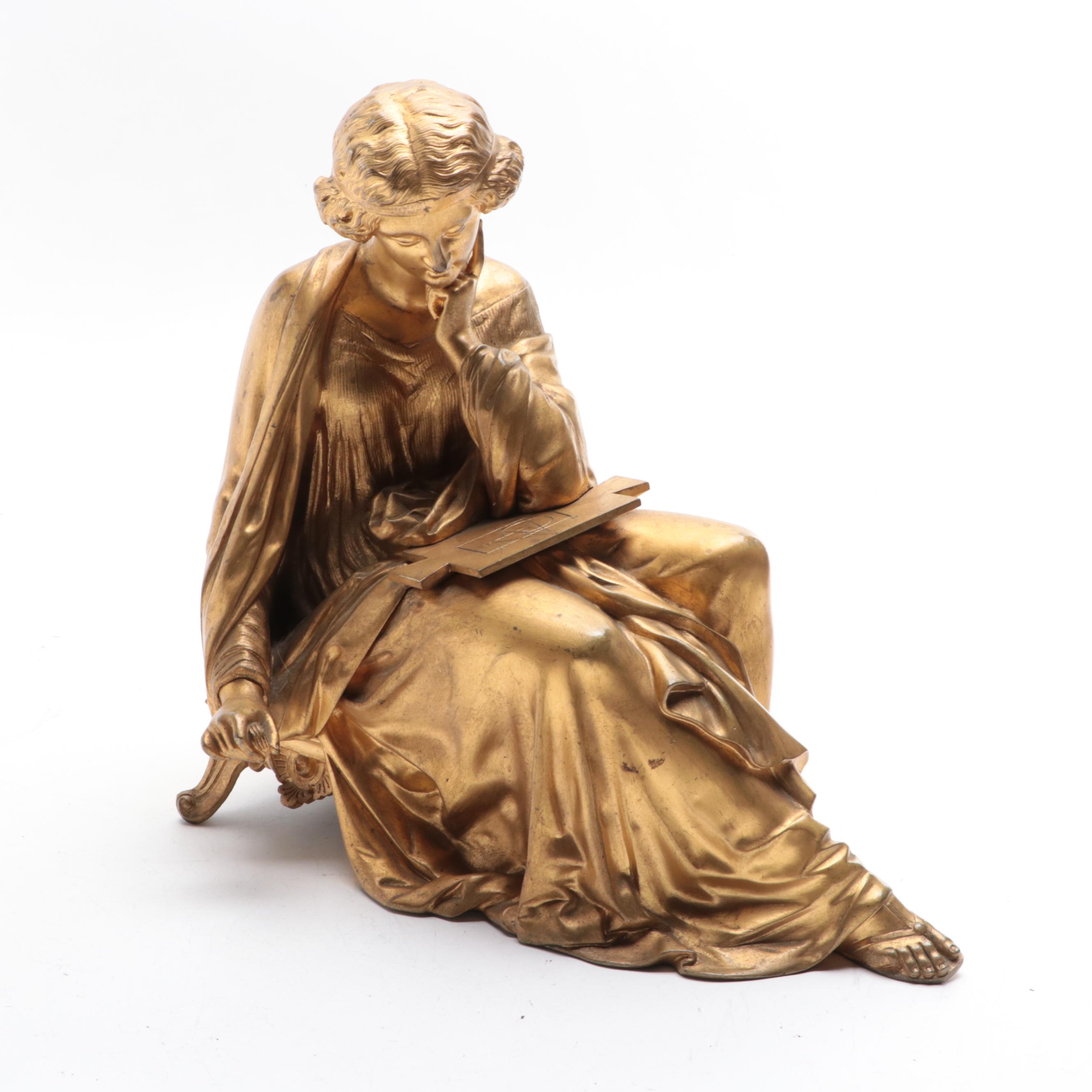 French Bronze-Mounted Slate Sculpture Mantel Clock, 19th Century