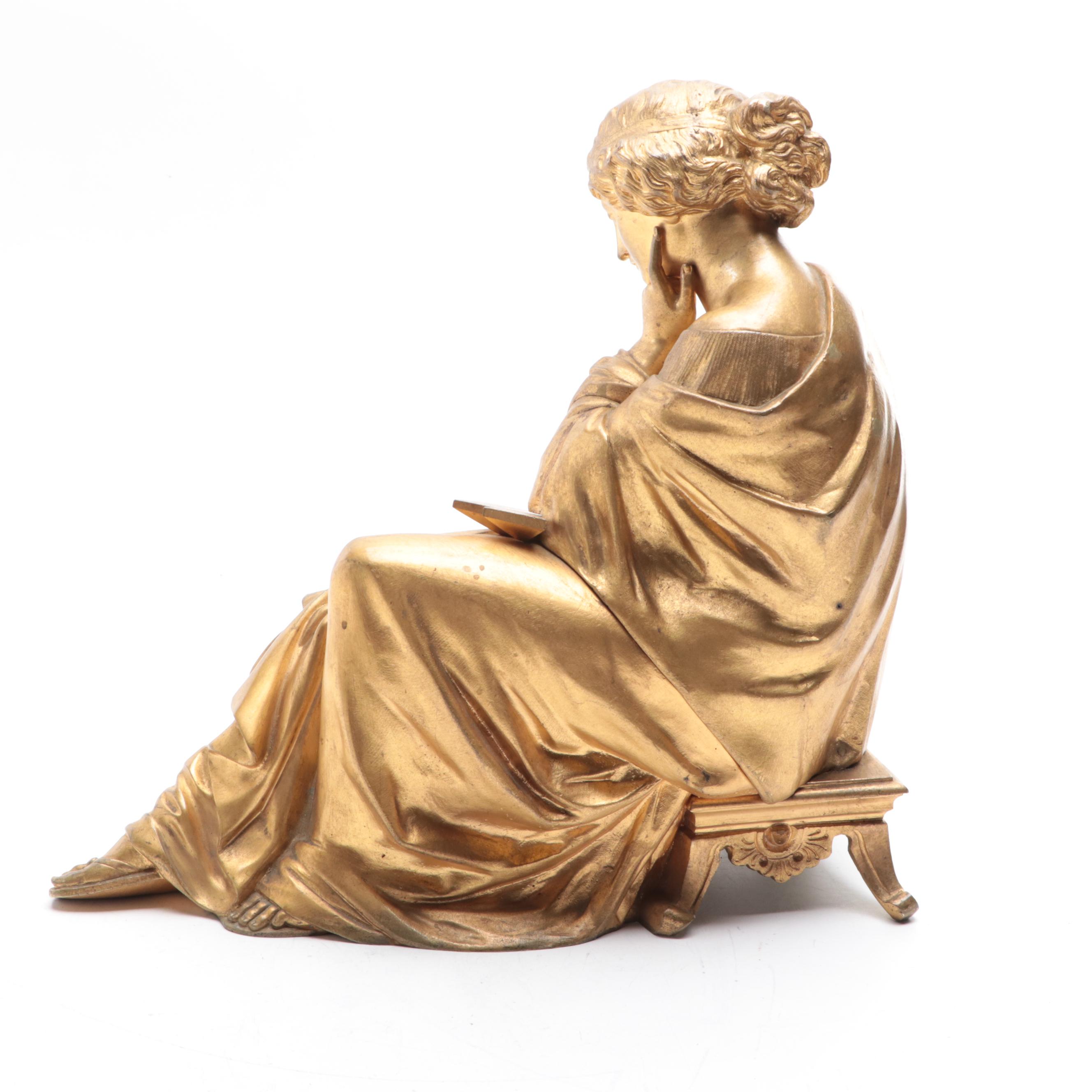 French Bronze-Mounted Slate Sculpture Mantel Clock, 19th Century