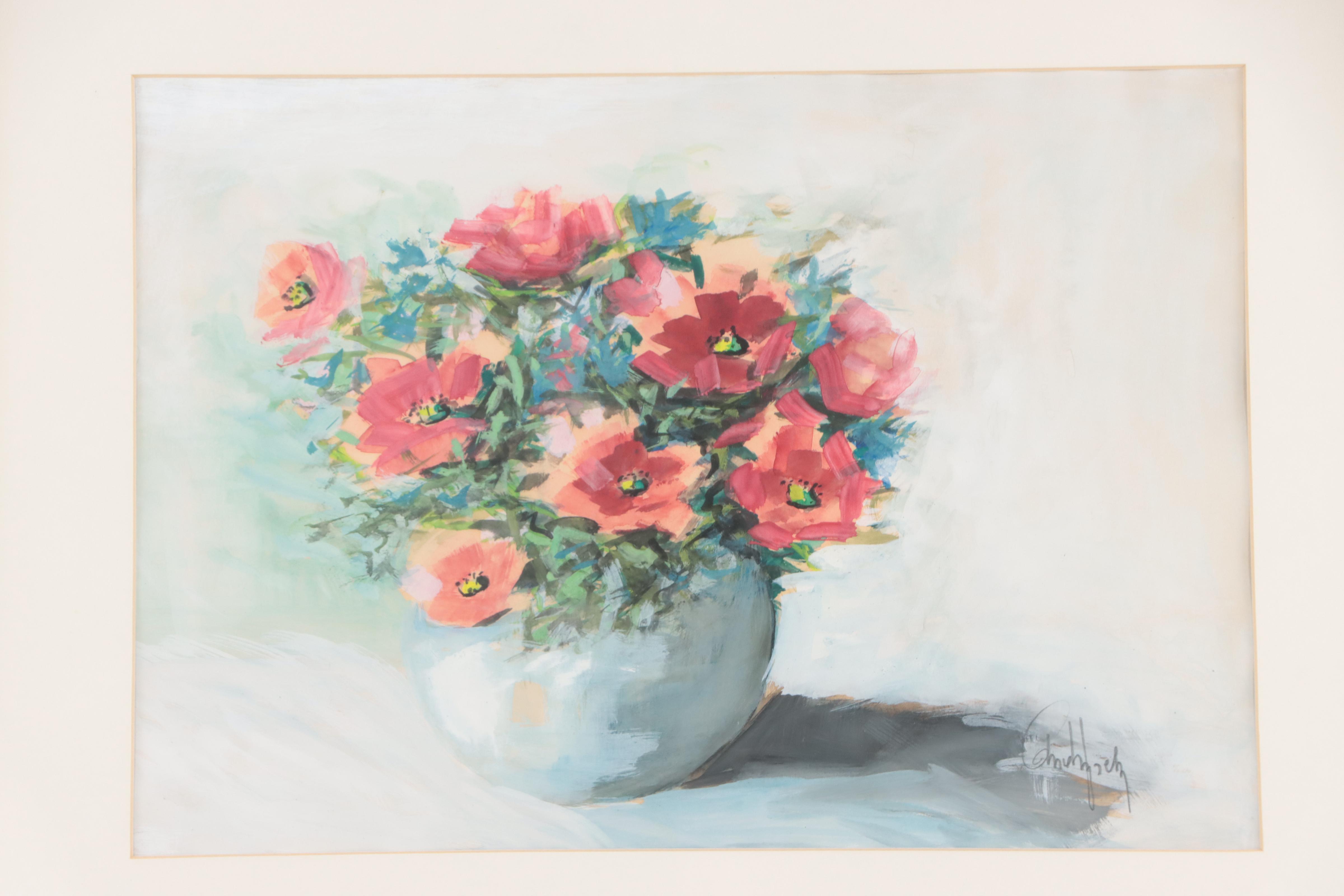 Floral Still Life Gouache Painting, Late 20th Century