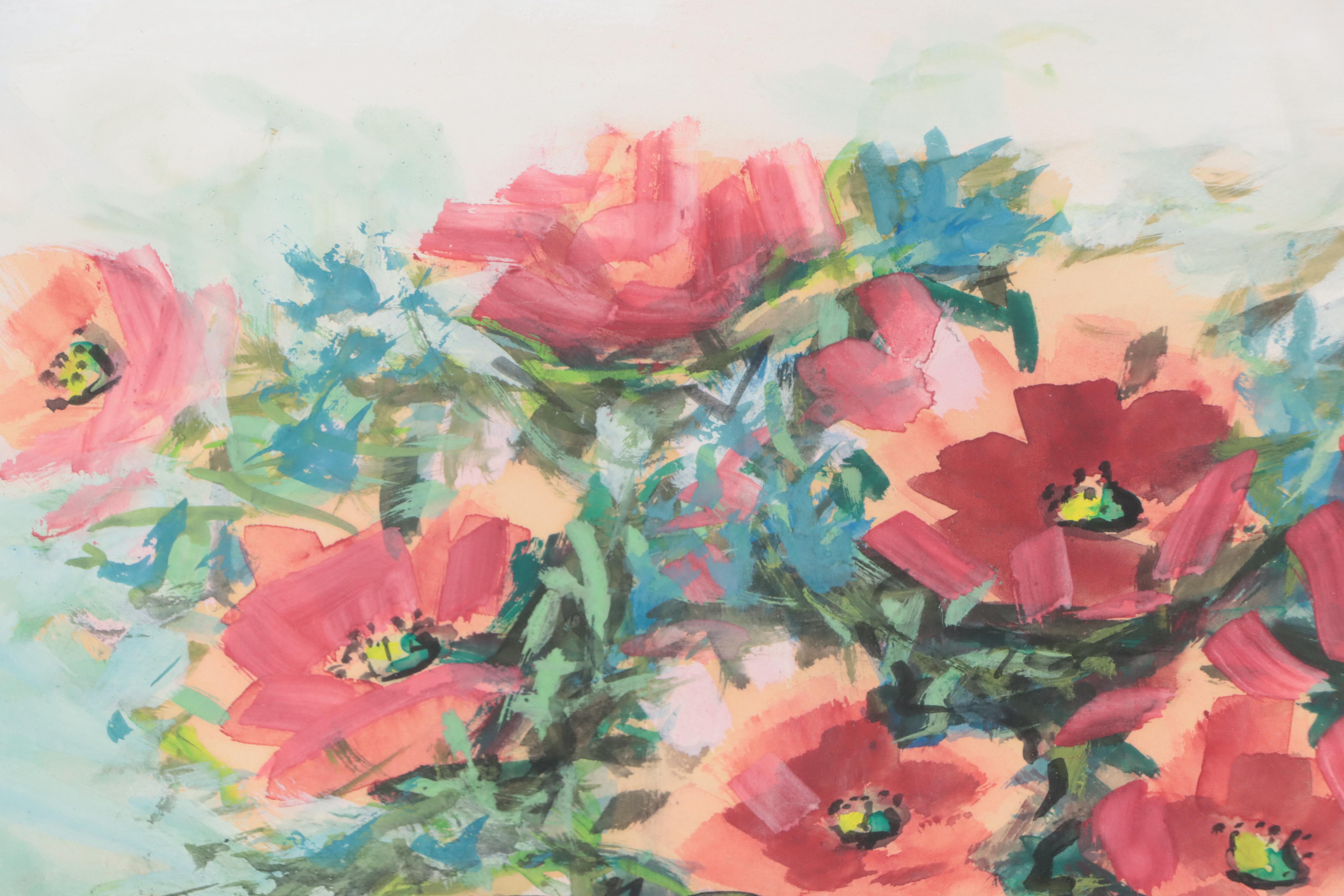 Floral Still Life Gouache Painting, Late 20th Century