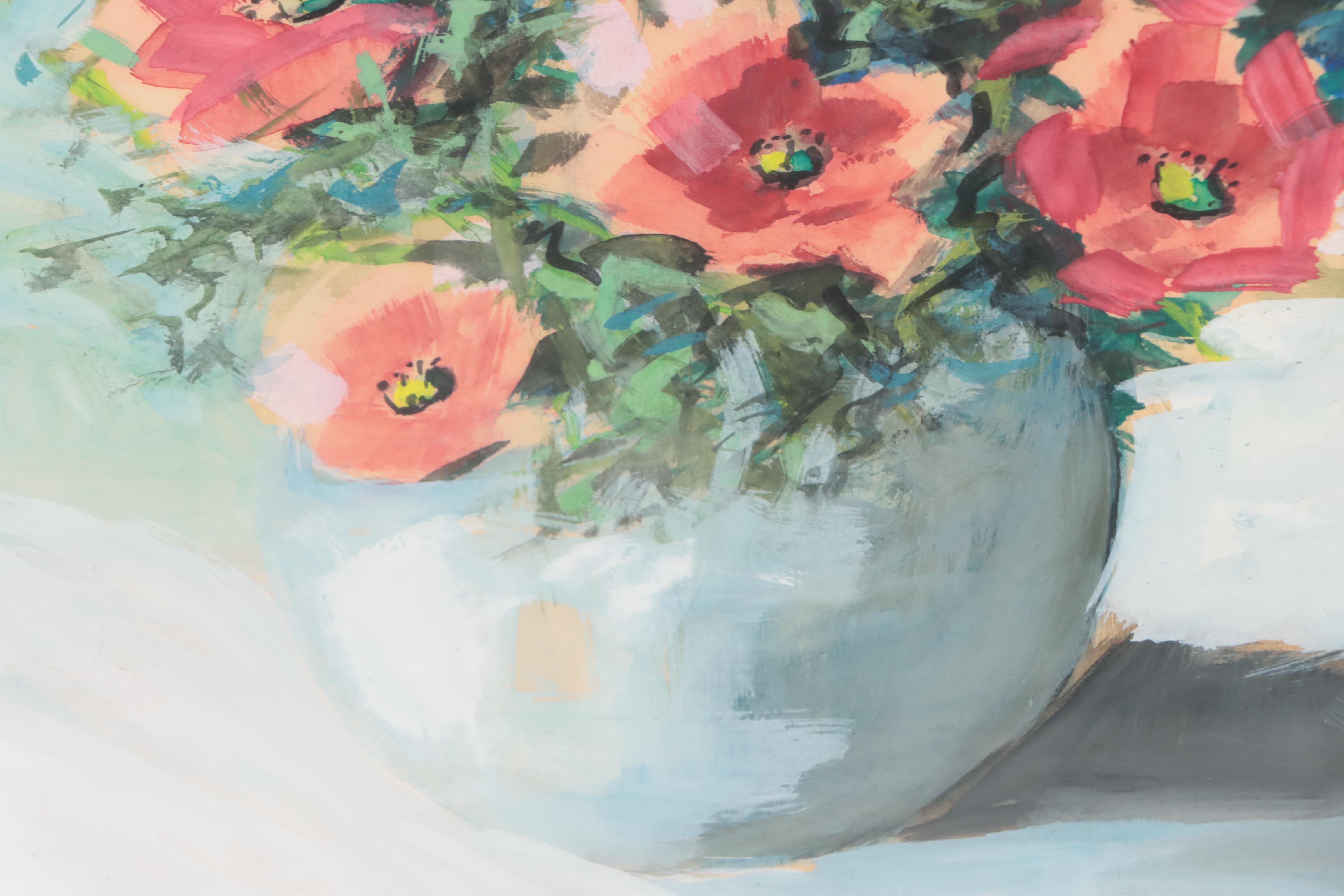 Floral Still Life Gouache Painting, Late 20th Century