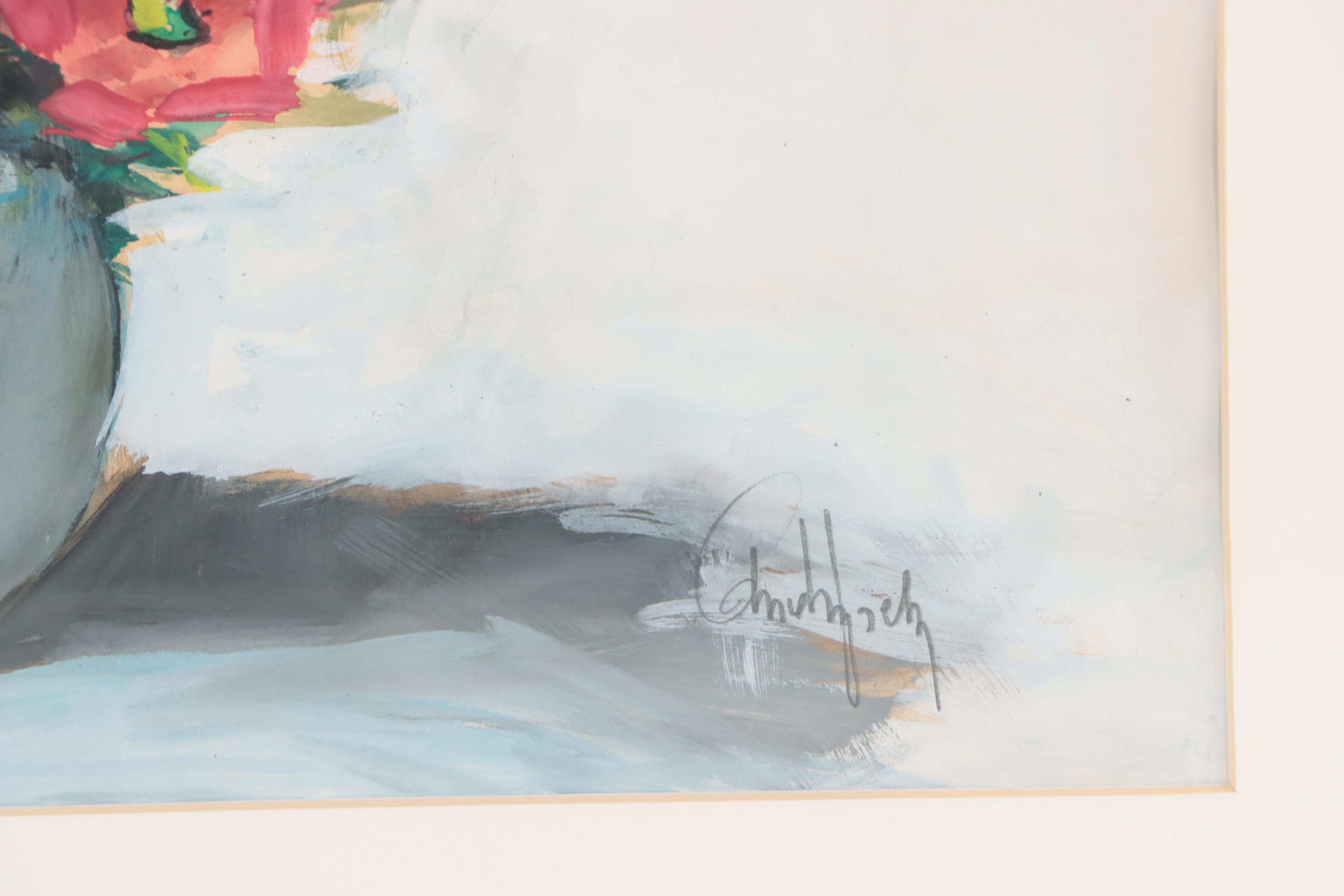 Floral Still Life Gouache Painting, Late 20th Century