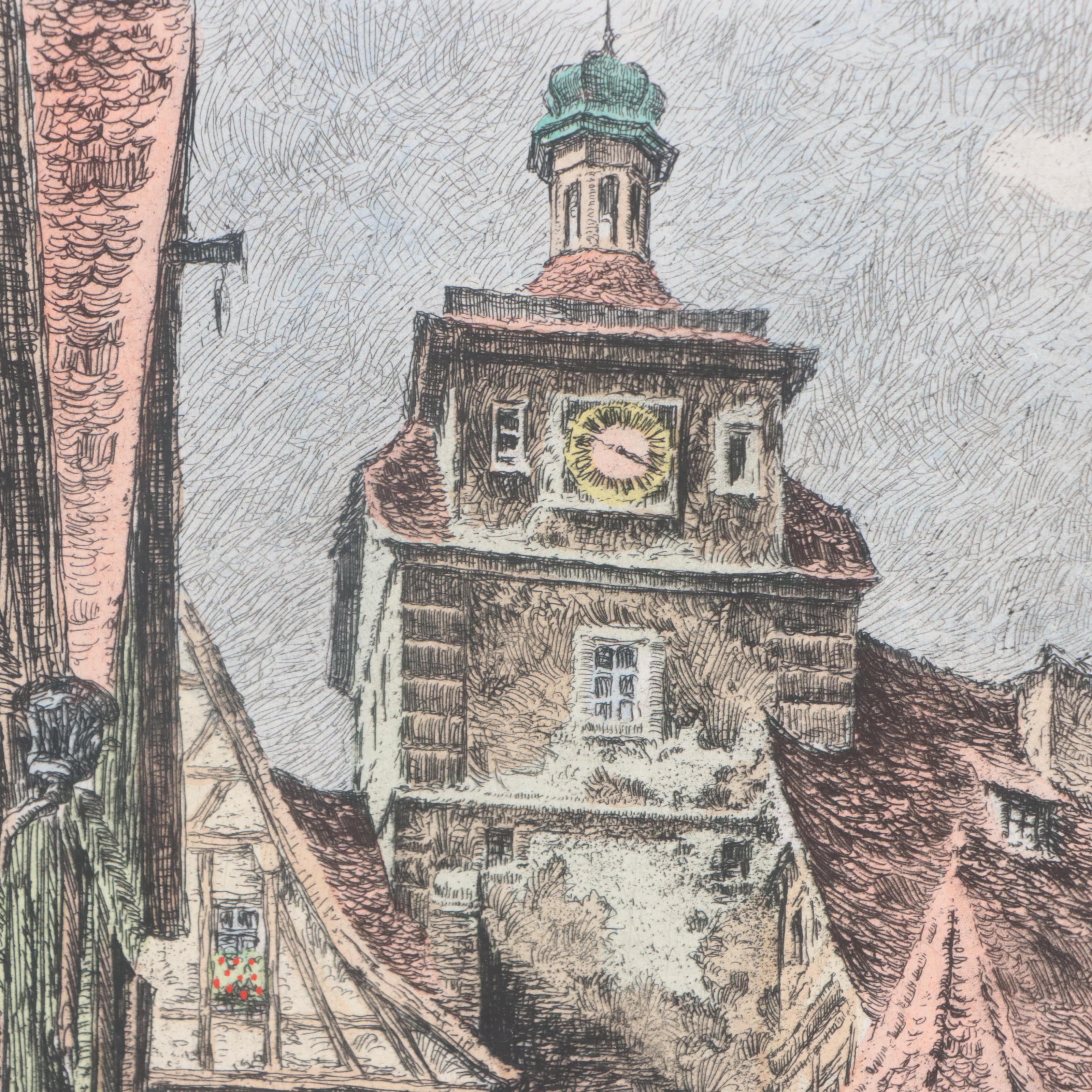 Hand-Colored Etching "Rothenburg ob der Tauber"