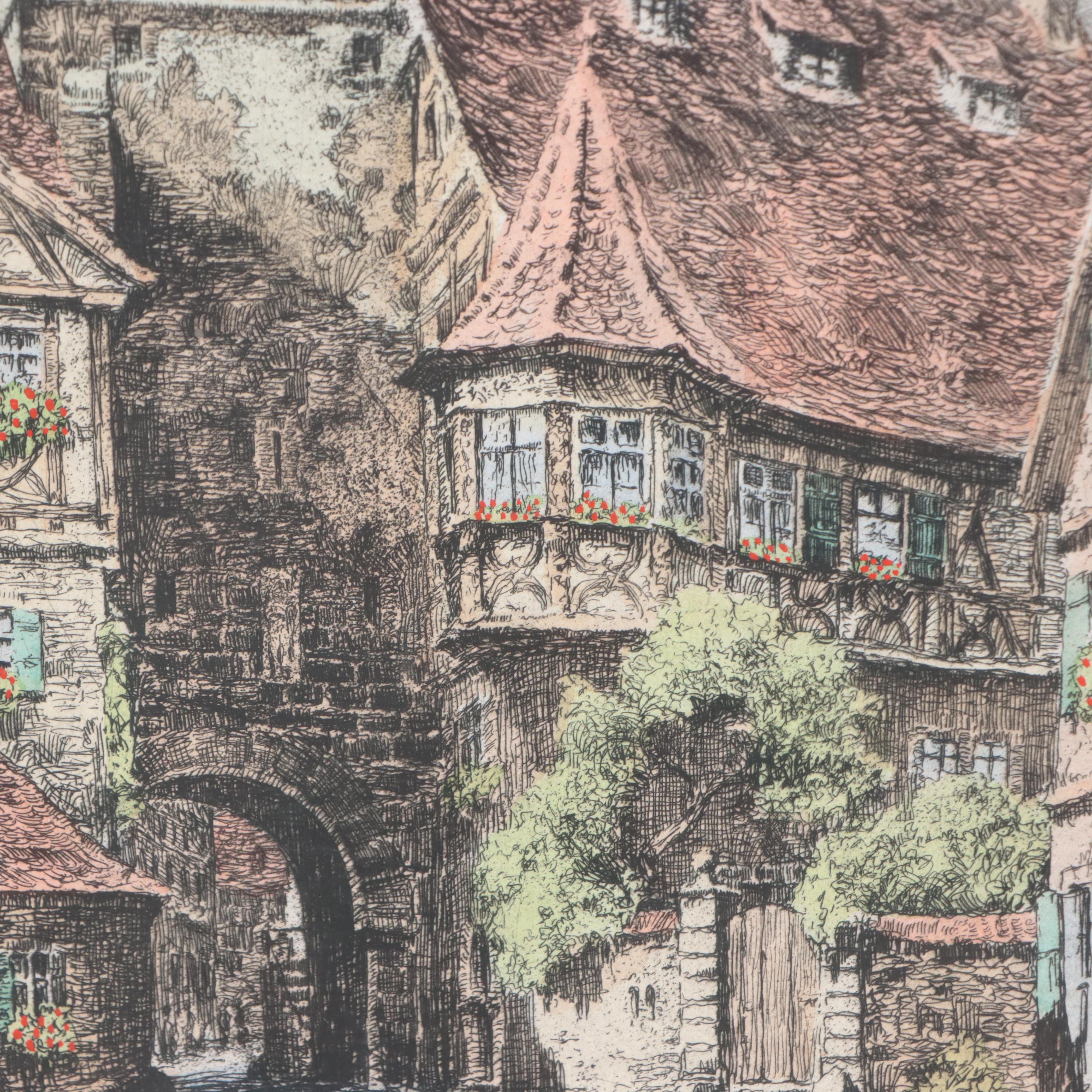 Hand-Colored Etching "Rothenburg ob der Tauber"