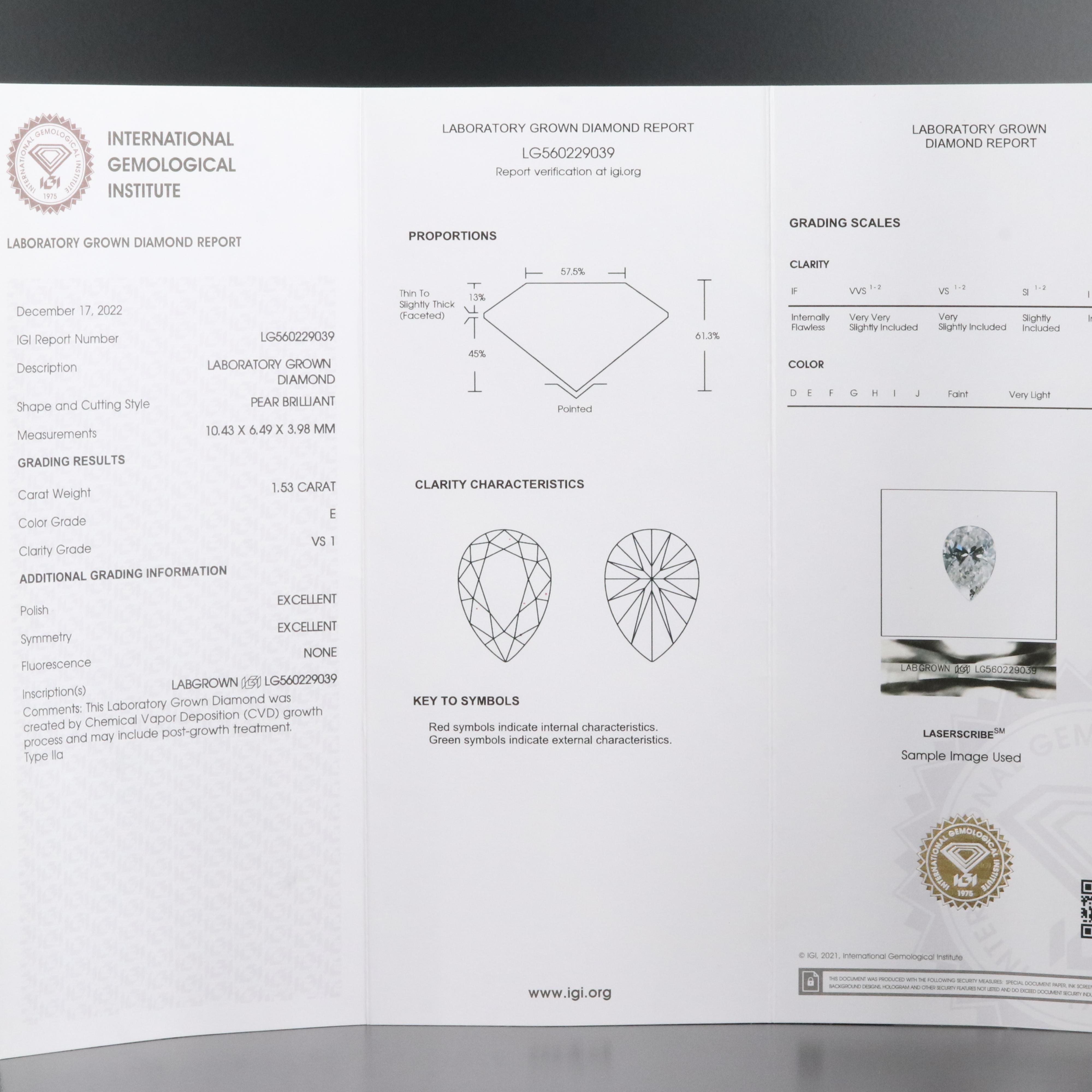 Loose 1.53 CT Lab Grown Diamond with IGI Report