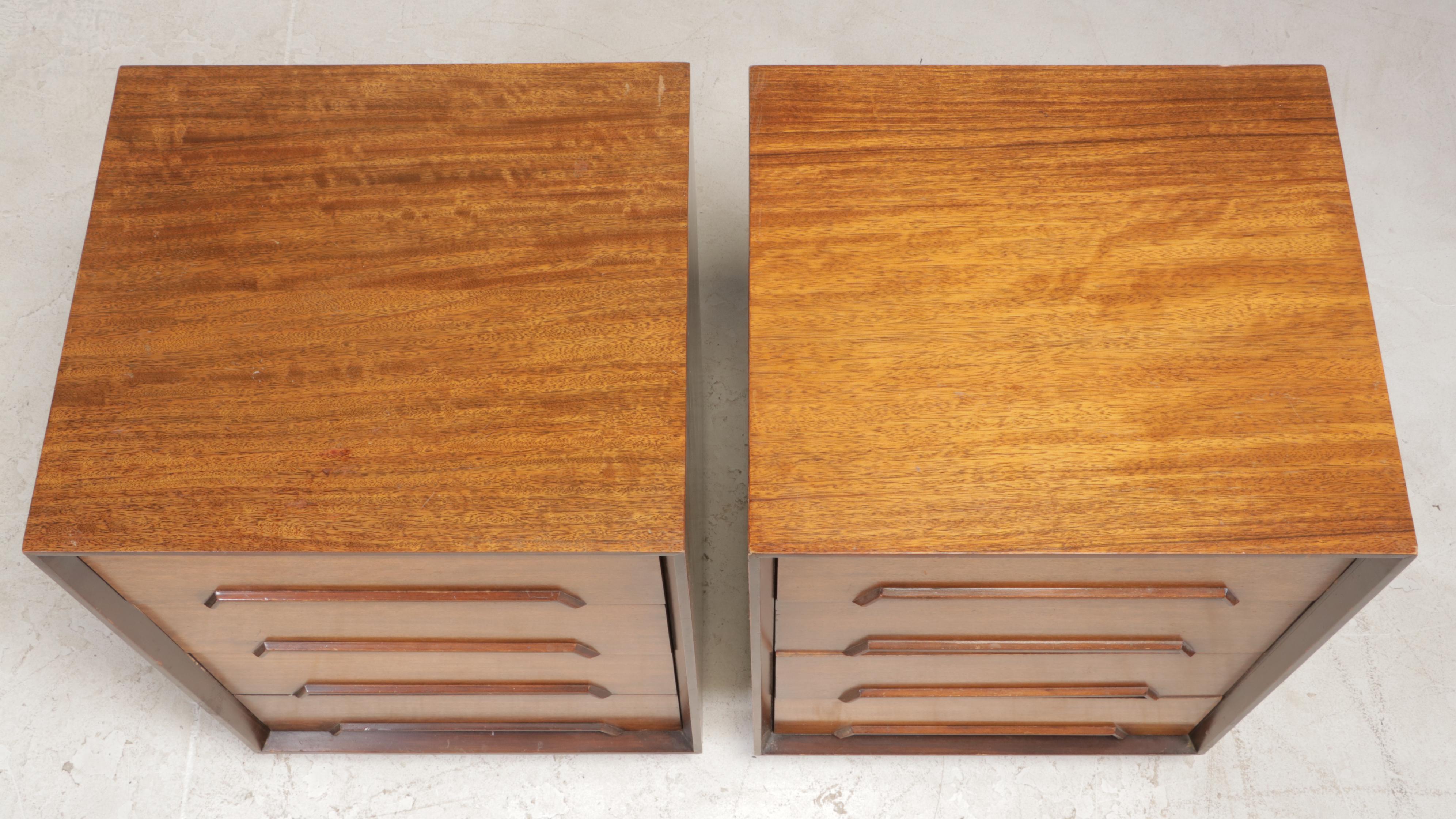 Milo Baughman for Drexel "Perspective" Mindoro Wood Nightstands & Full Headboard