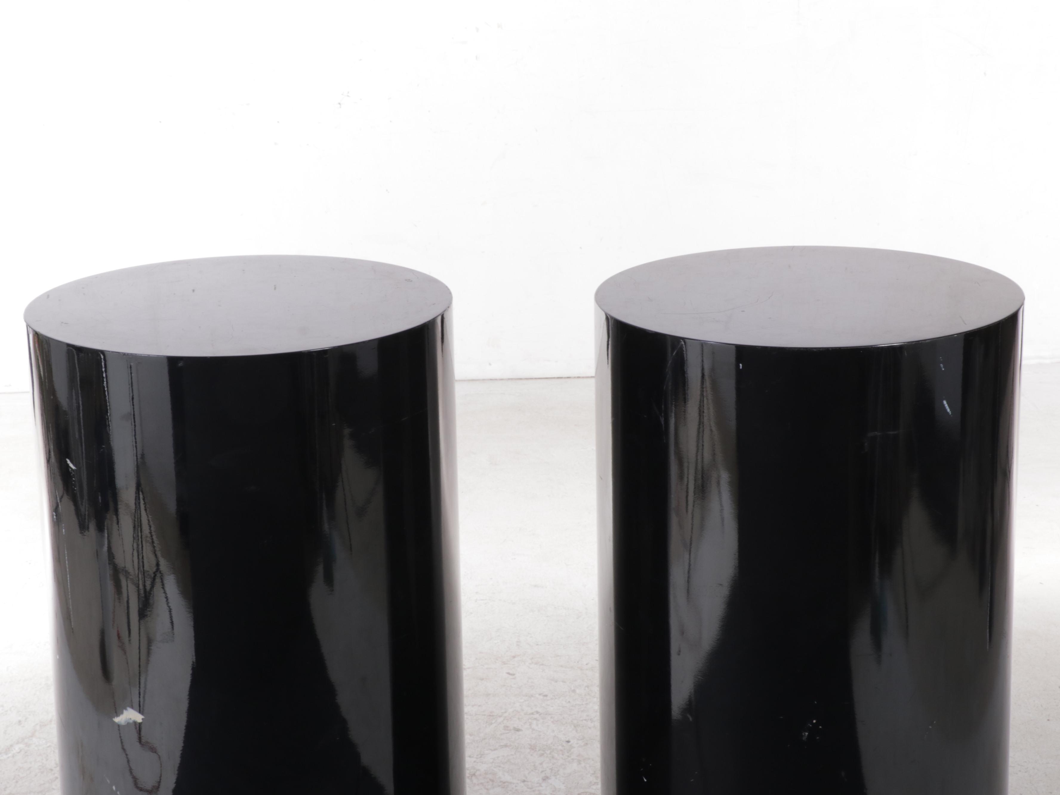Pair of Deco Revival Style Black Lacquer and Parcel-Gilt Pedestal Stands