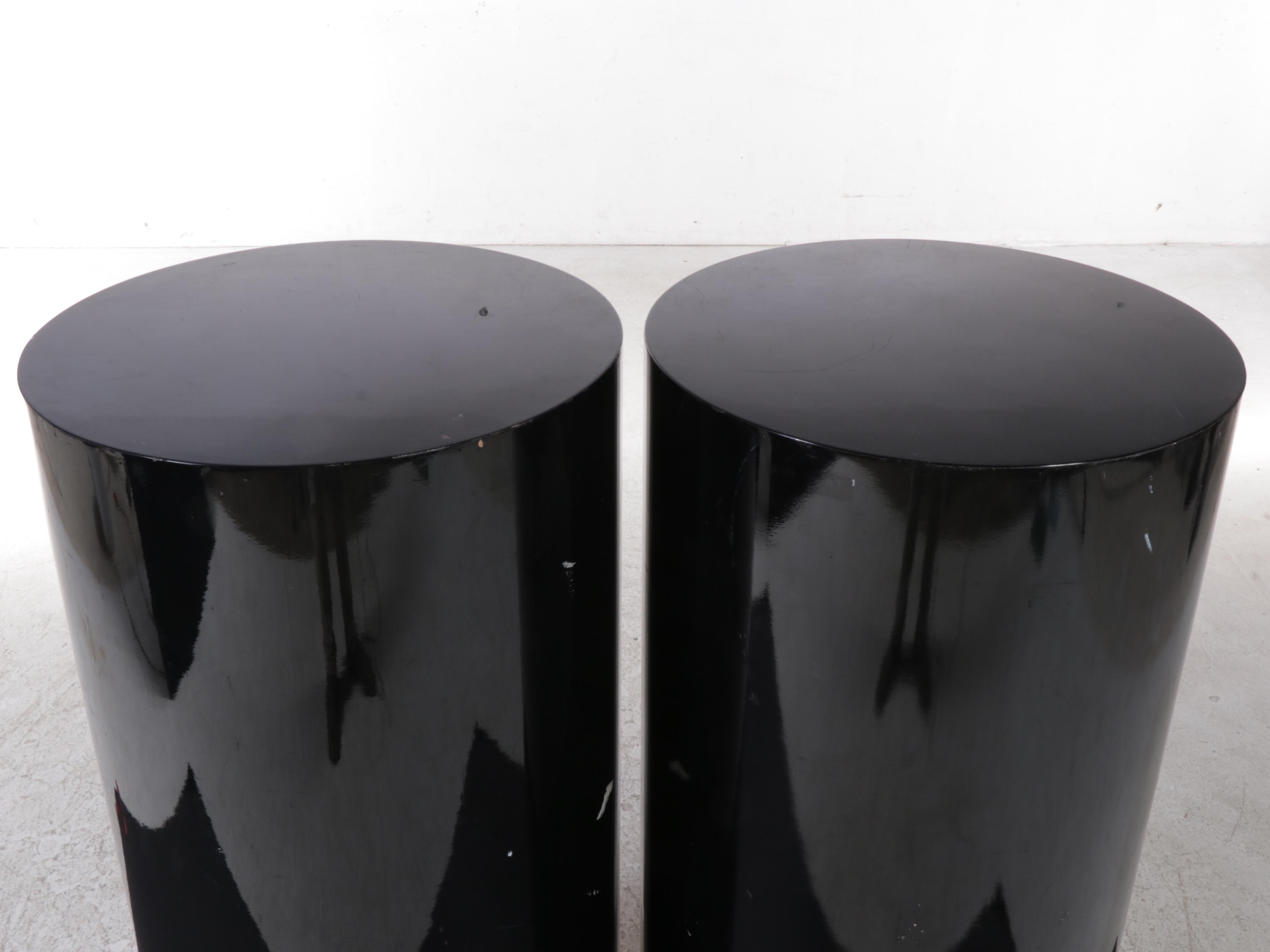 Pair of Deco Revival Style Black Lacquer and Parcel-Gilt Pedestal Stands