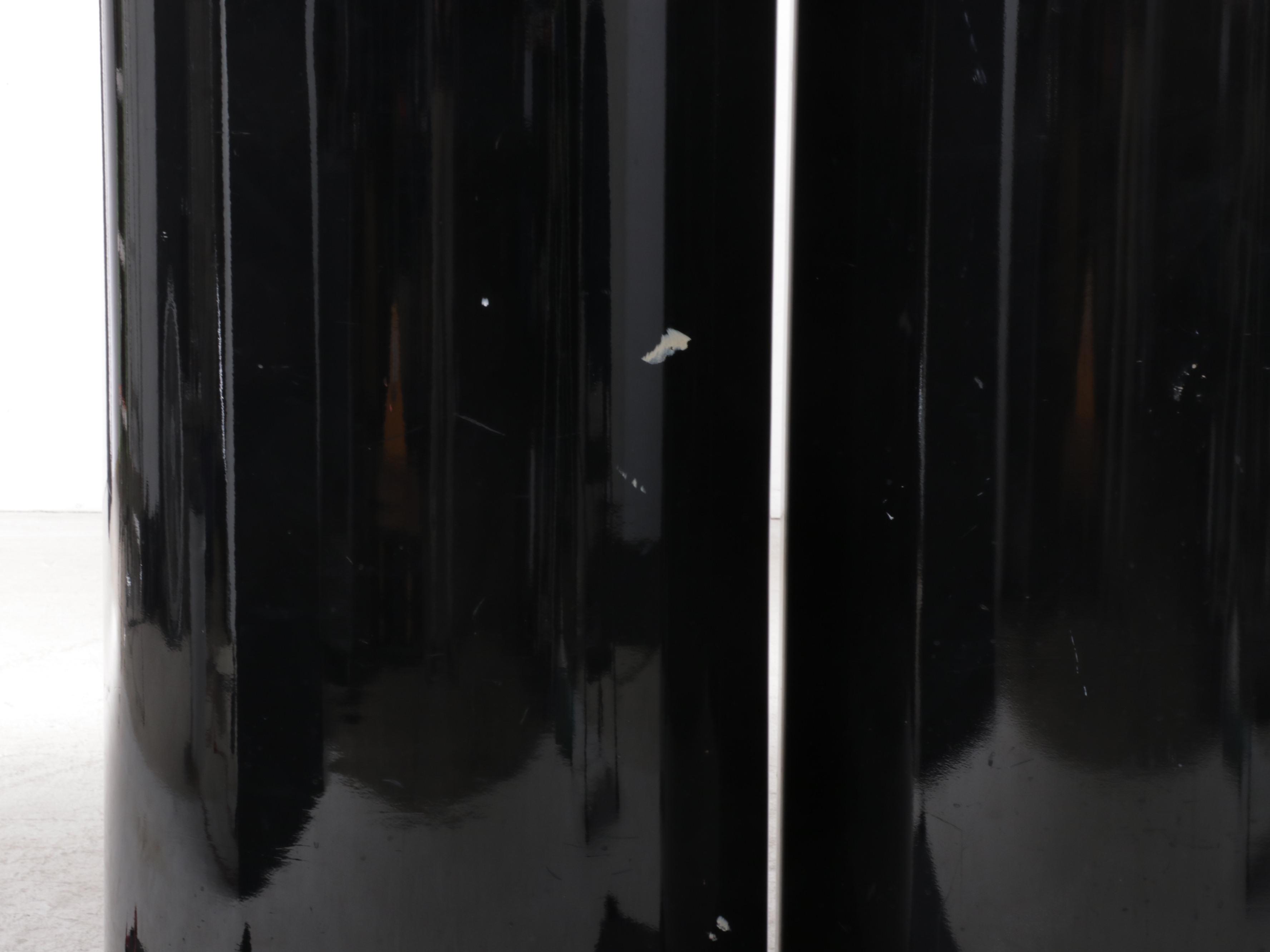 Pair of Deco Revival Style Black Lacquer and Parcel-Gilt Pedestal Stands