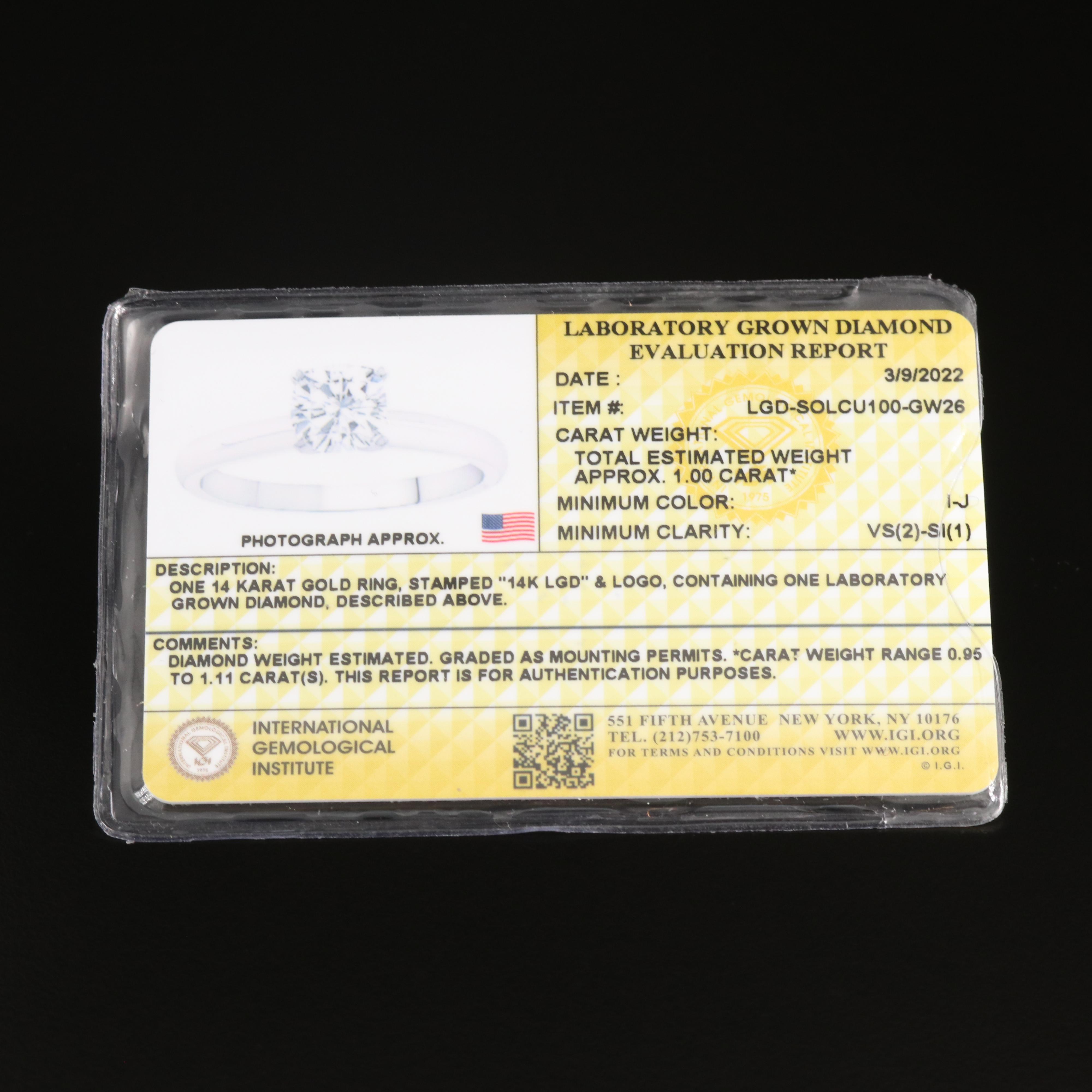 14K 1.00 CT Lab Grown Diamond Solitaire Ring with IGI Report