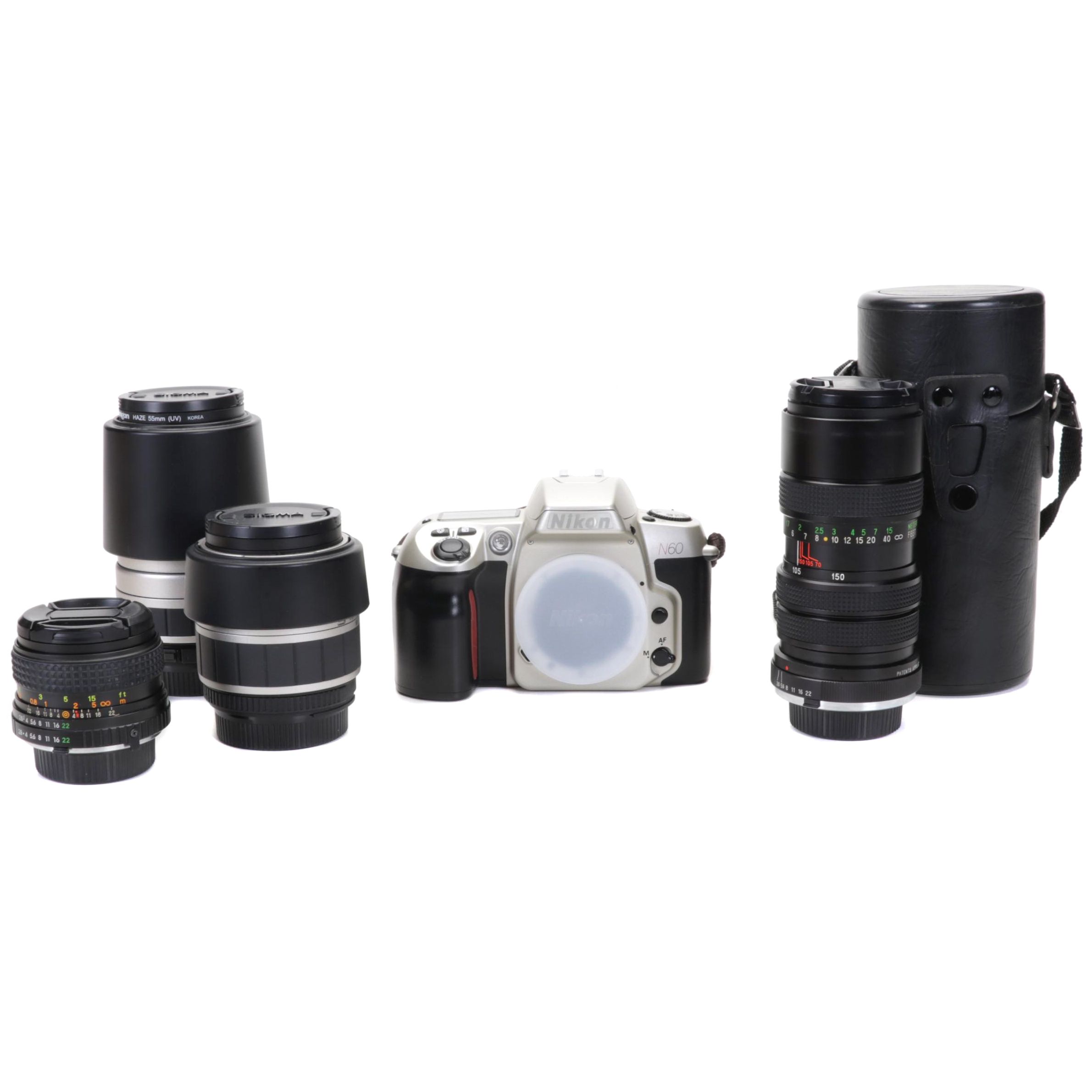Nikon N60 SLR Film Camera, Vivitar 70-150mm Lens with Case and More Accessories