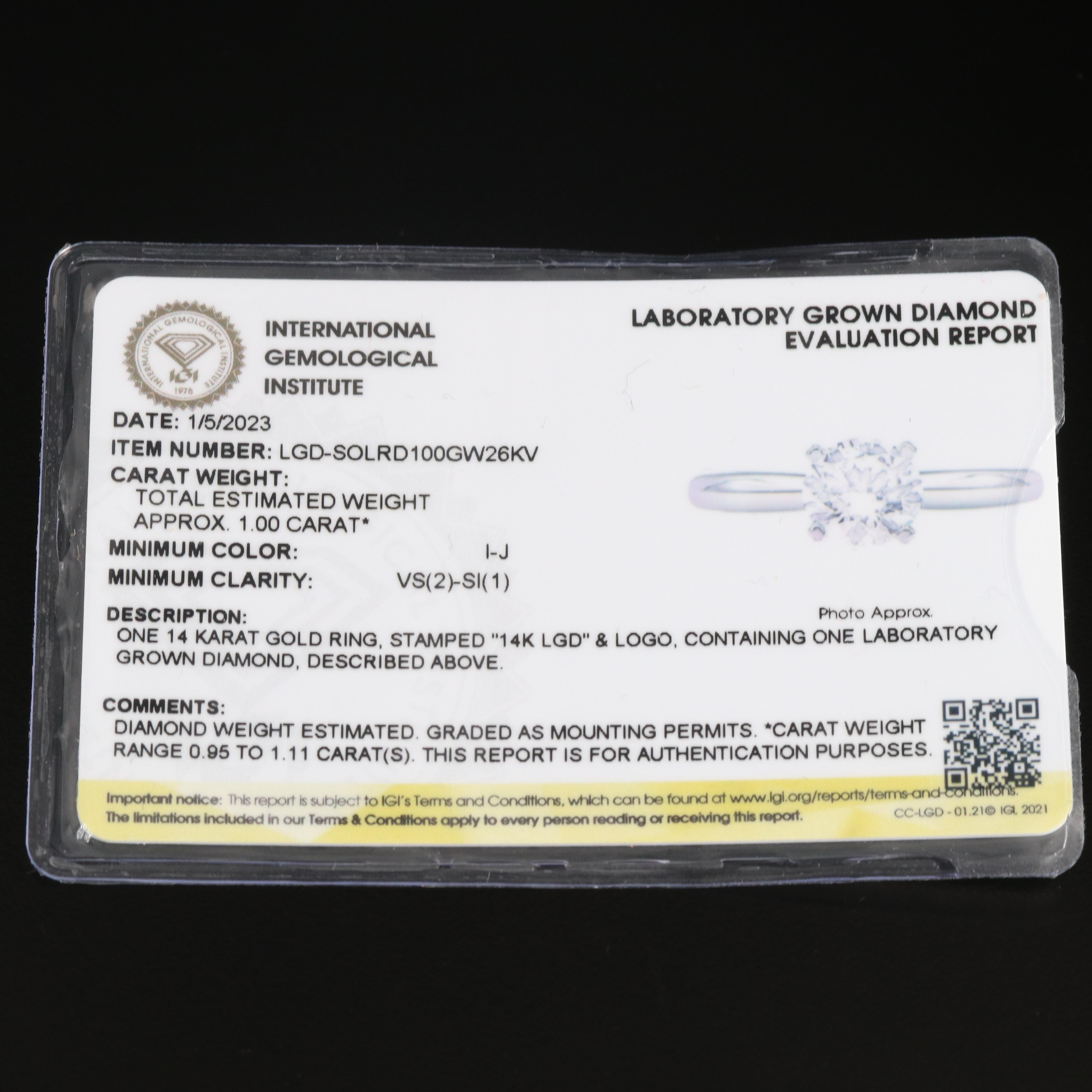 14K 1.00 CT Lab Grown Diamond Solitaire Ring with IGI Report