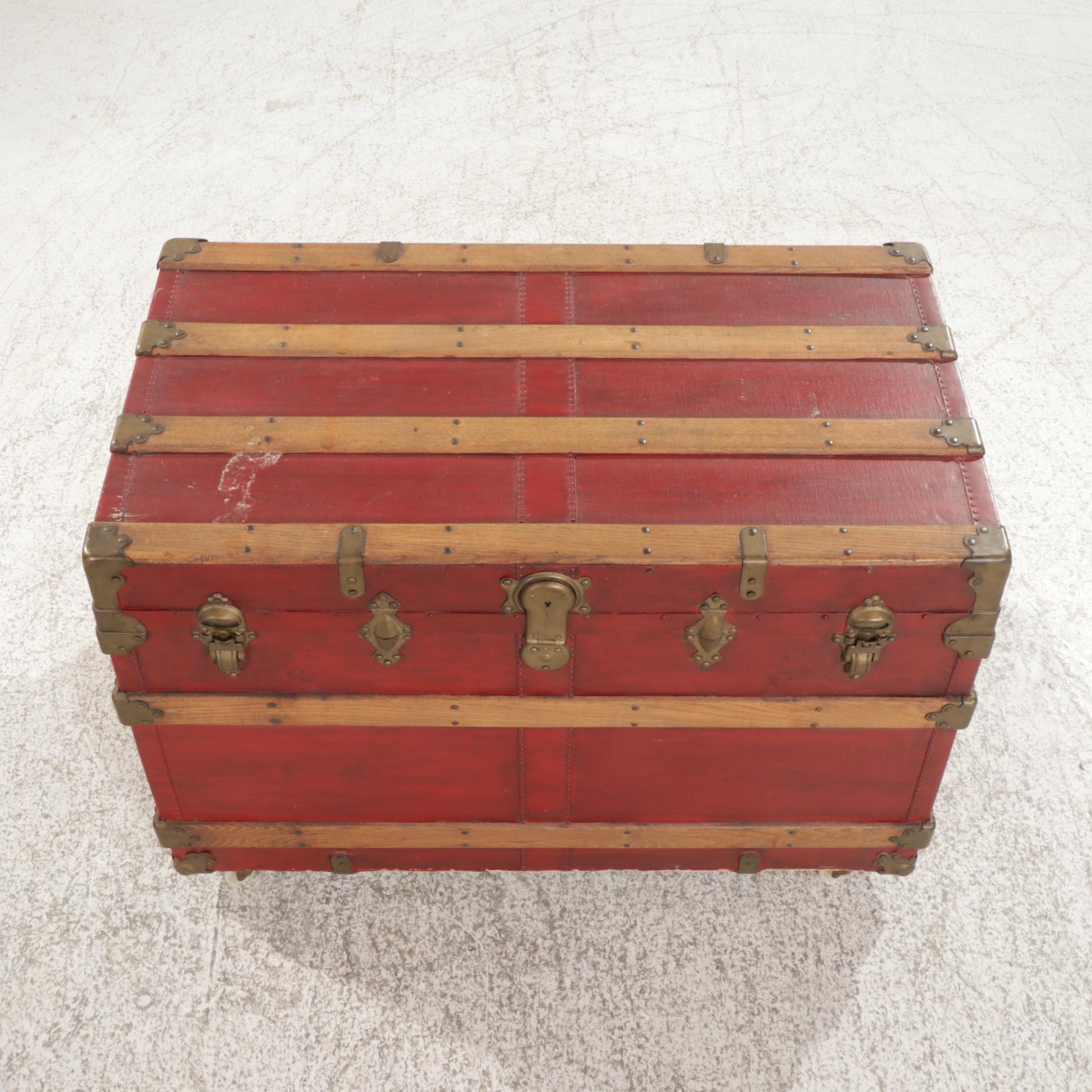 Flat Top Steamer Trunk with Fabric Covering, Early 20th Century