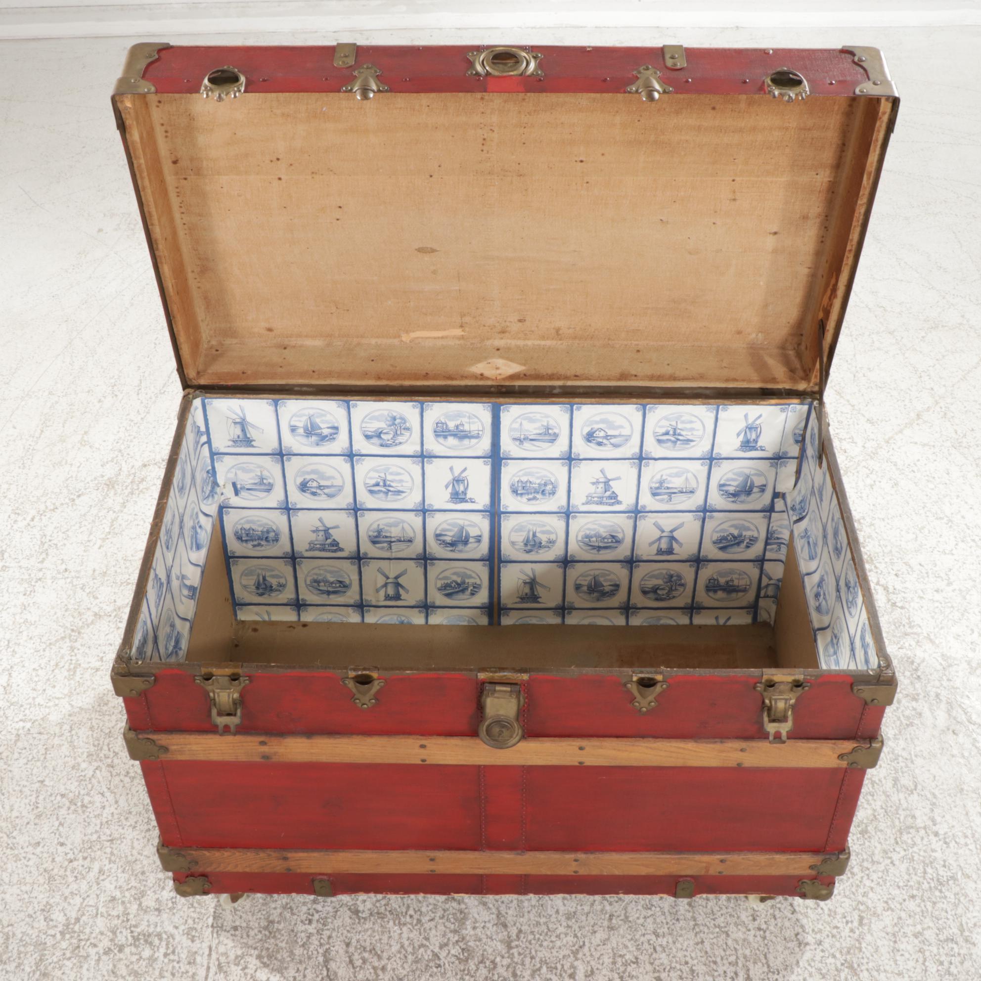 Flat Top Steamer Trunk with Fabric Covering, Early 20th Century