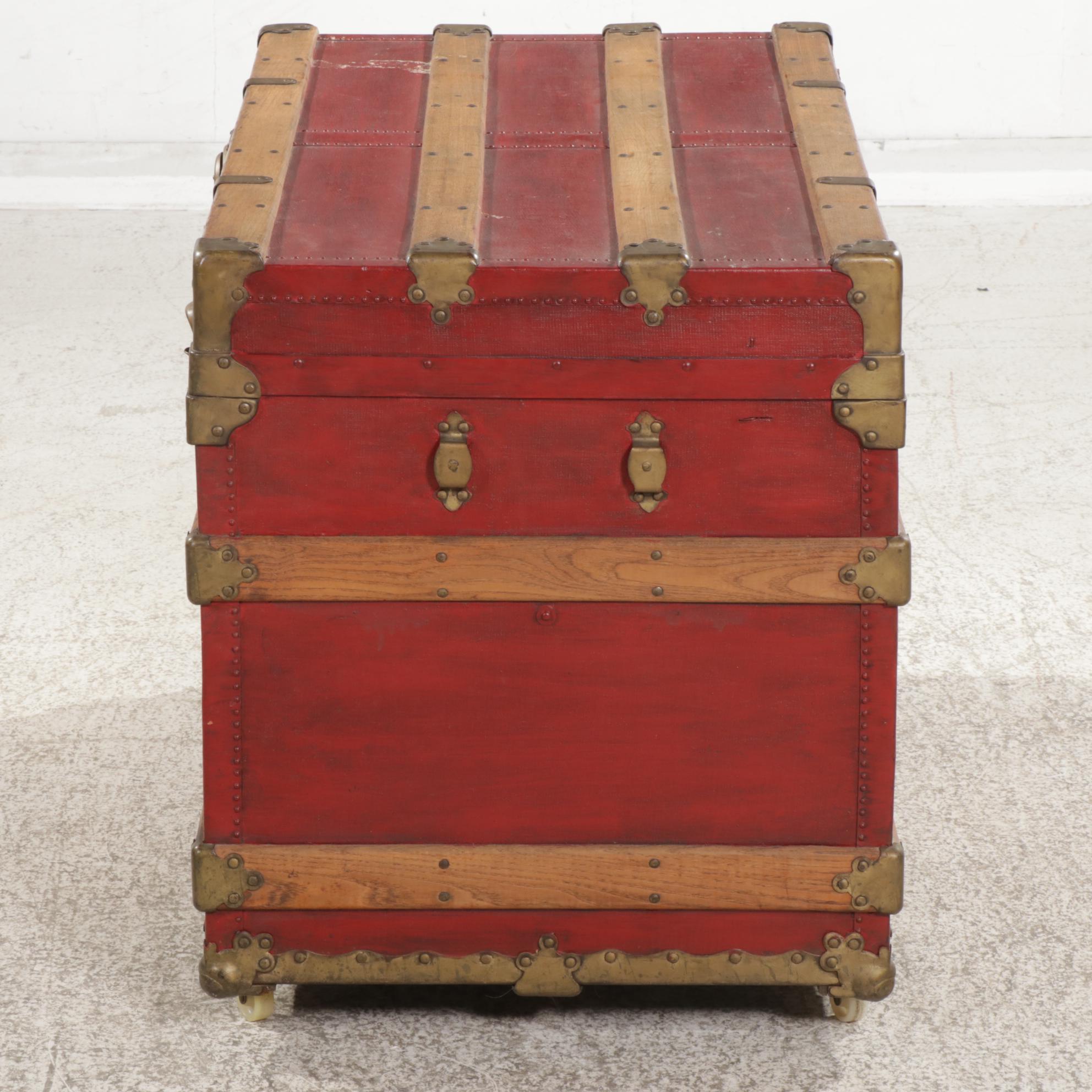 Flat Top Steamer Trunk with Fabric Covering, Early 20th Century