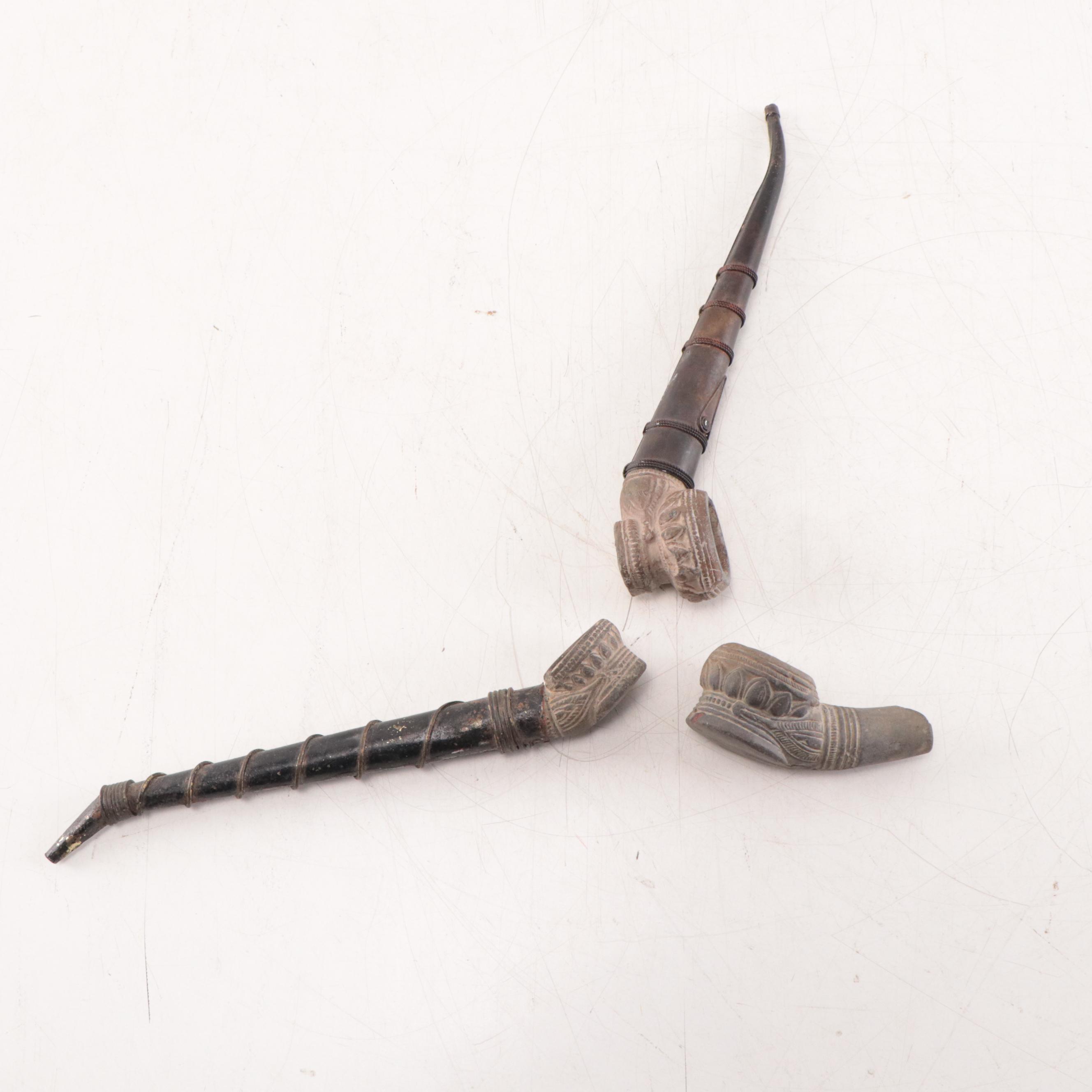 Laotian Khmer Stoneware Pipes and Pipe Bowls, Circa 1300