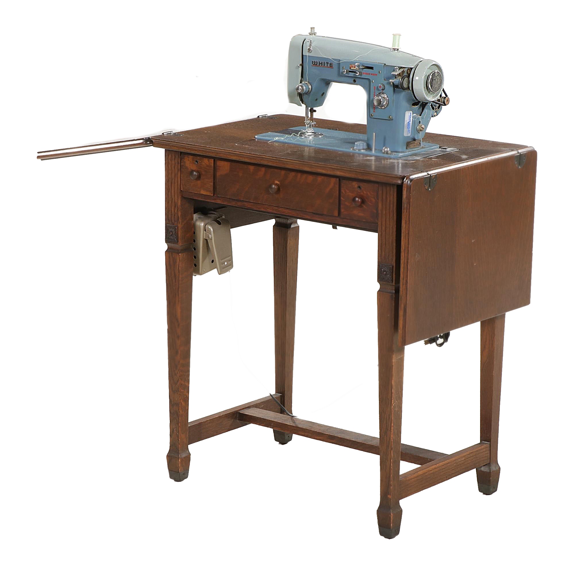 White "Domestic" Model 5135 Sewing Machine in Oak Cabinet, Mid-20th Century