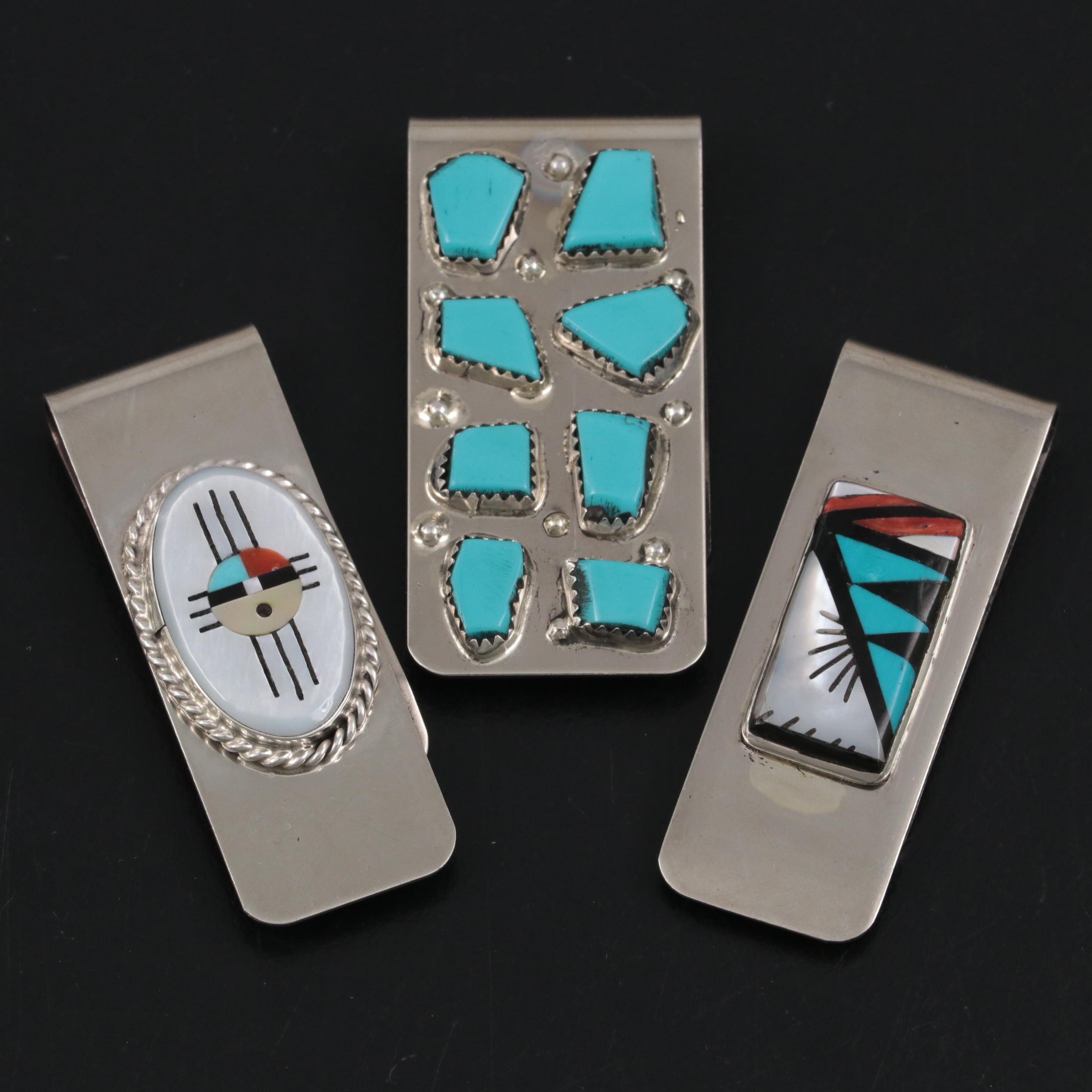 Signed Turquoise, Coral, and Mother-of-Pearl Southwestern Money Clips