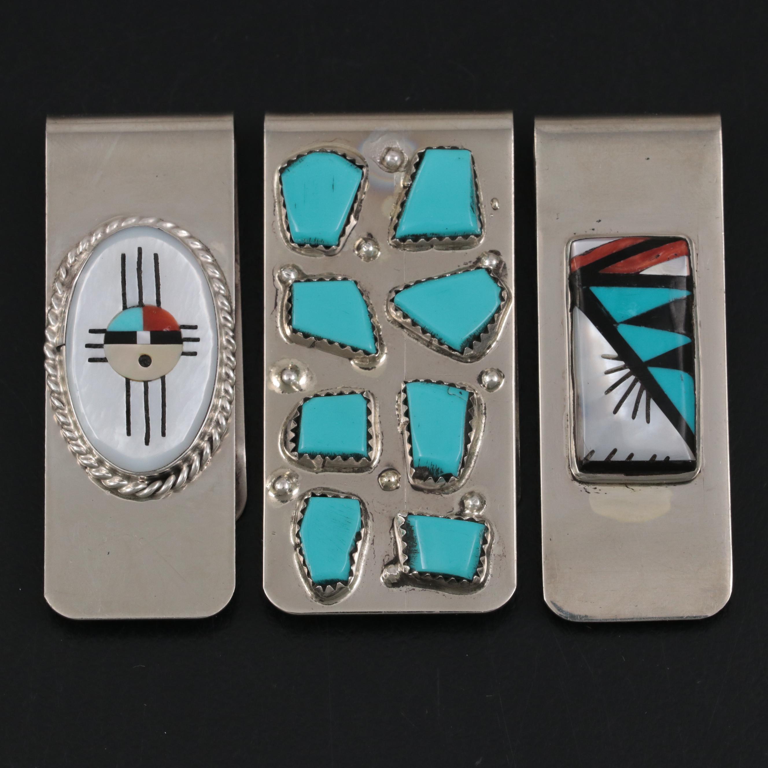 Signed Turquoise, Coral, and Mother-of-Pearl Southwestern Money Clips