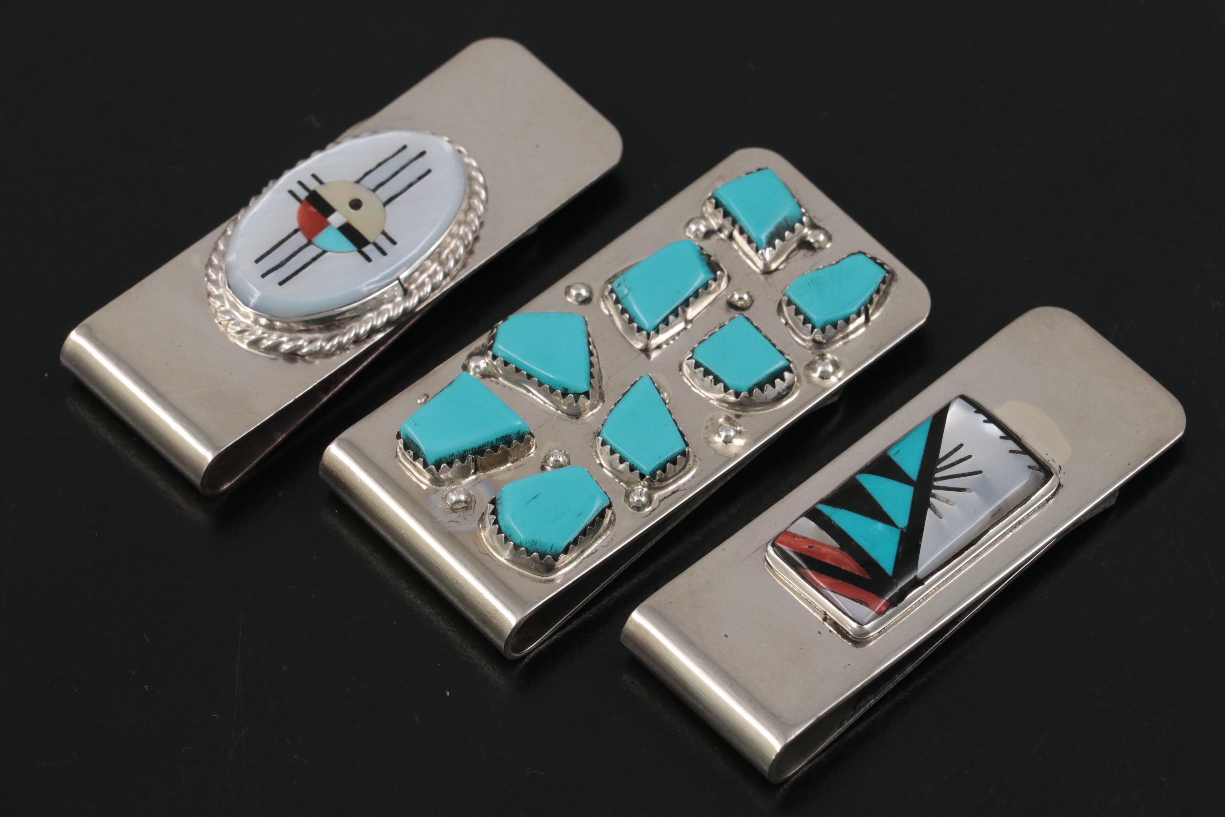 Signed Turquoise, Coral, and Mother-of-Pearl Southwestern Money Clips