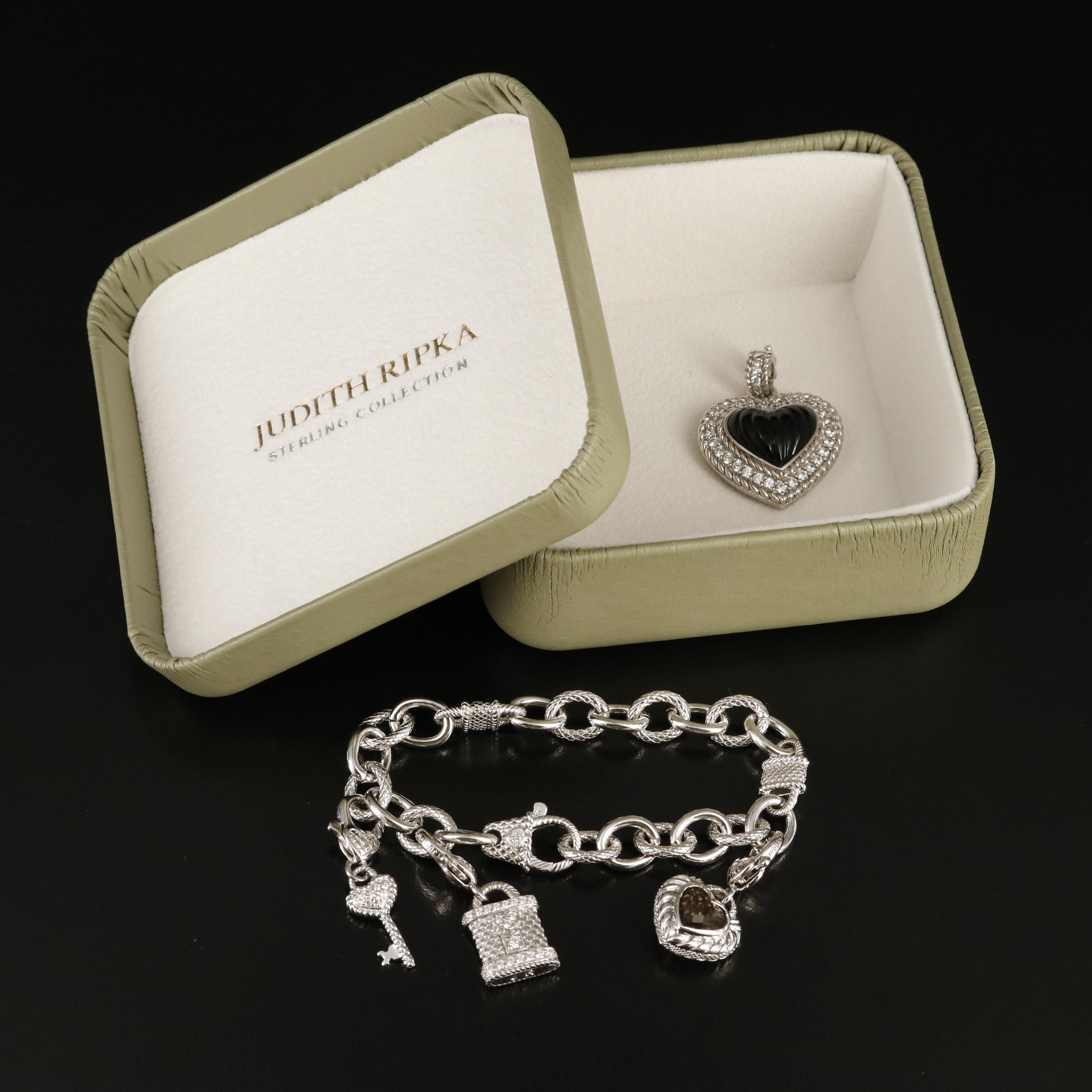 Judith Ripka Sterling Smoky Quartz Charm Bracelet and Heart Enhancer Pendant