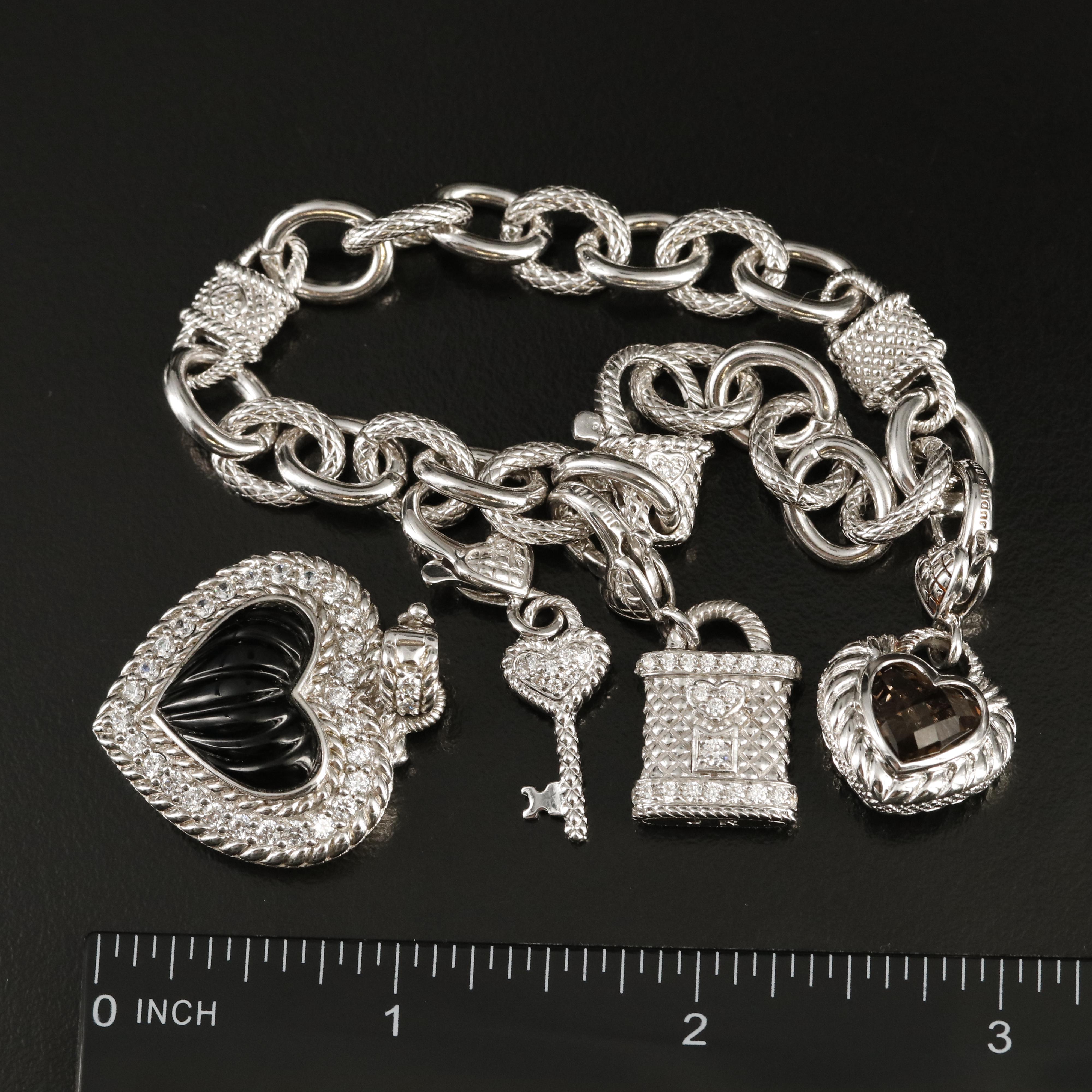 Judith Ripka Sterling Smoky Quartz Charm Bracelet and Heart Enhancer Pendant