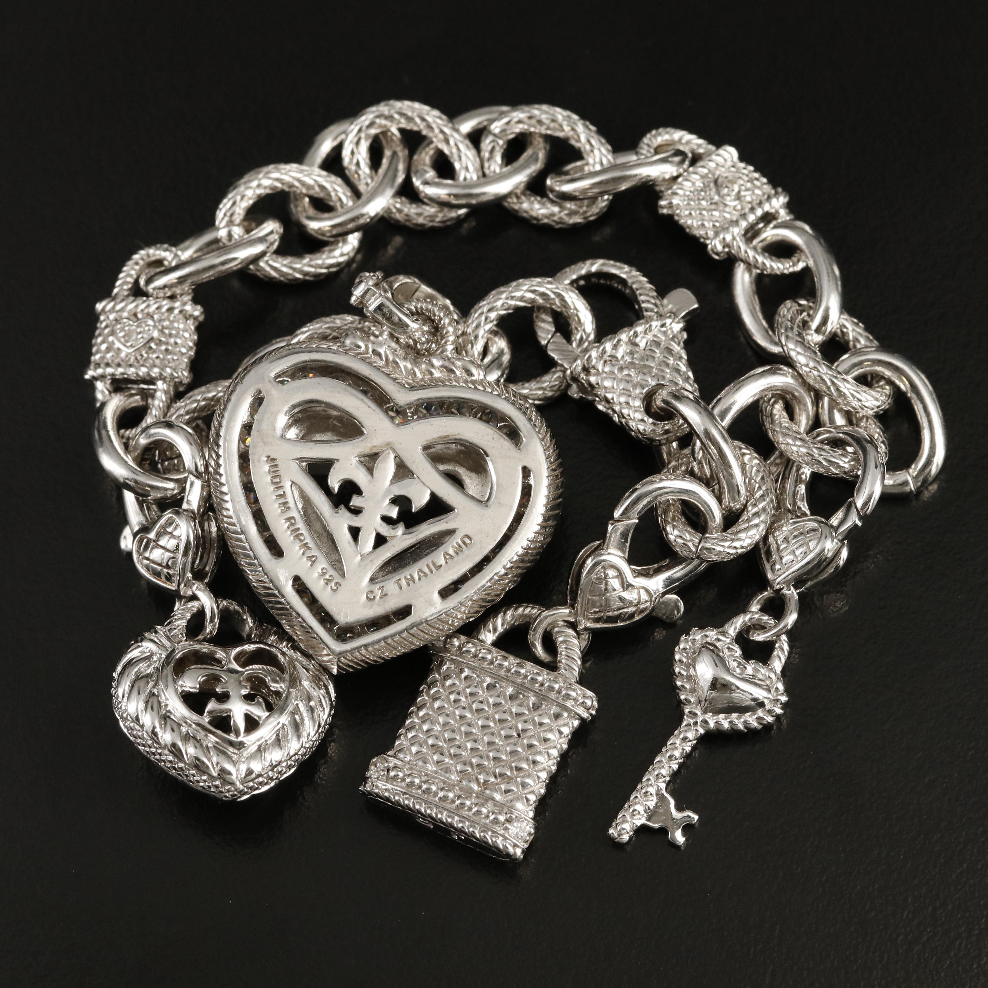 Judith Ripka Sterling Smoky Quartz Charm Bracelet and Heart Enhancer Pendant