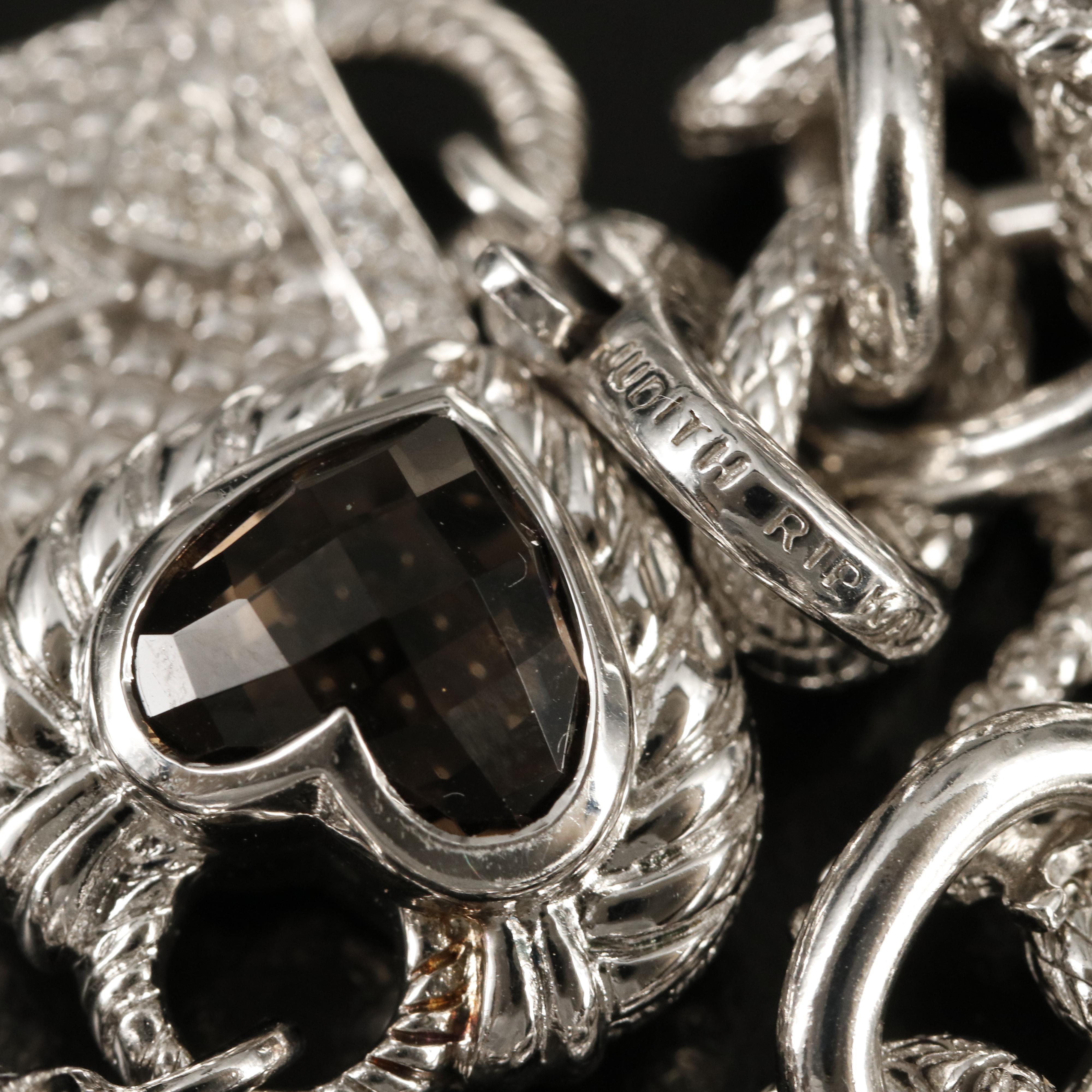 Judith Ripka Sterling Smoky Quartz Charm Bracelet and Heart Enhancer Pendant