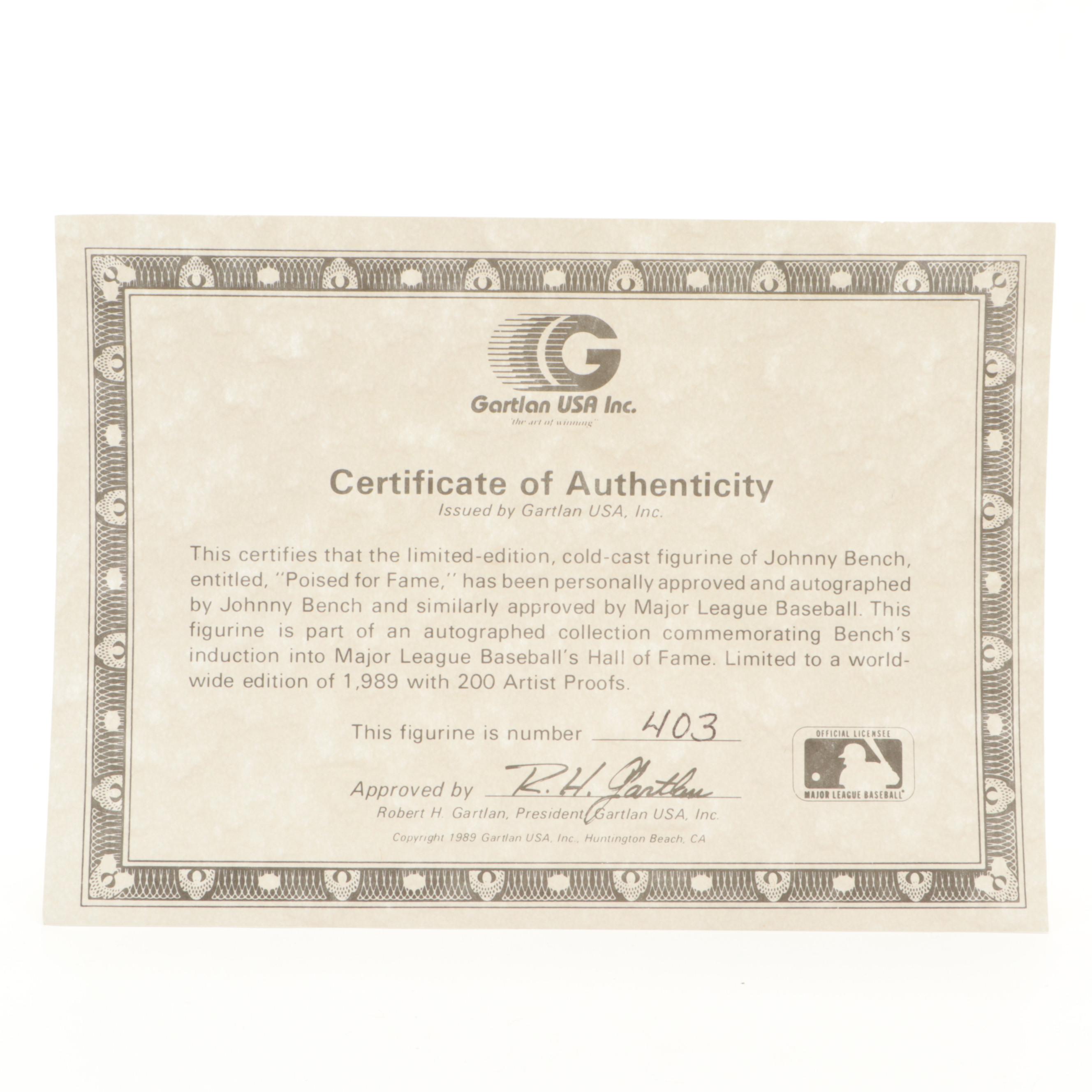 Gartlan Johnny Bench Signed Reds "Poised for Fame" Limited Ceramic Figurine