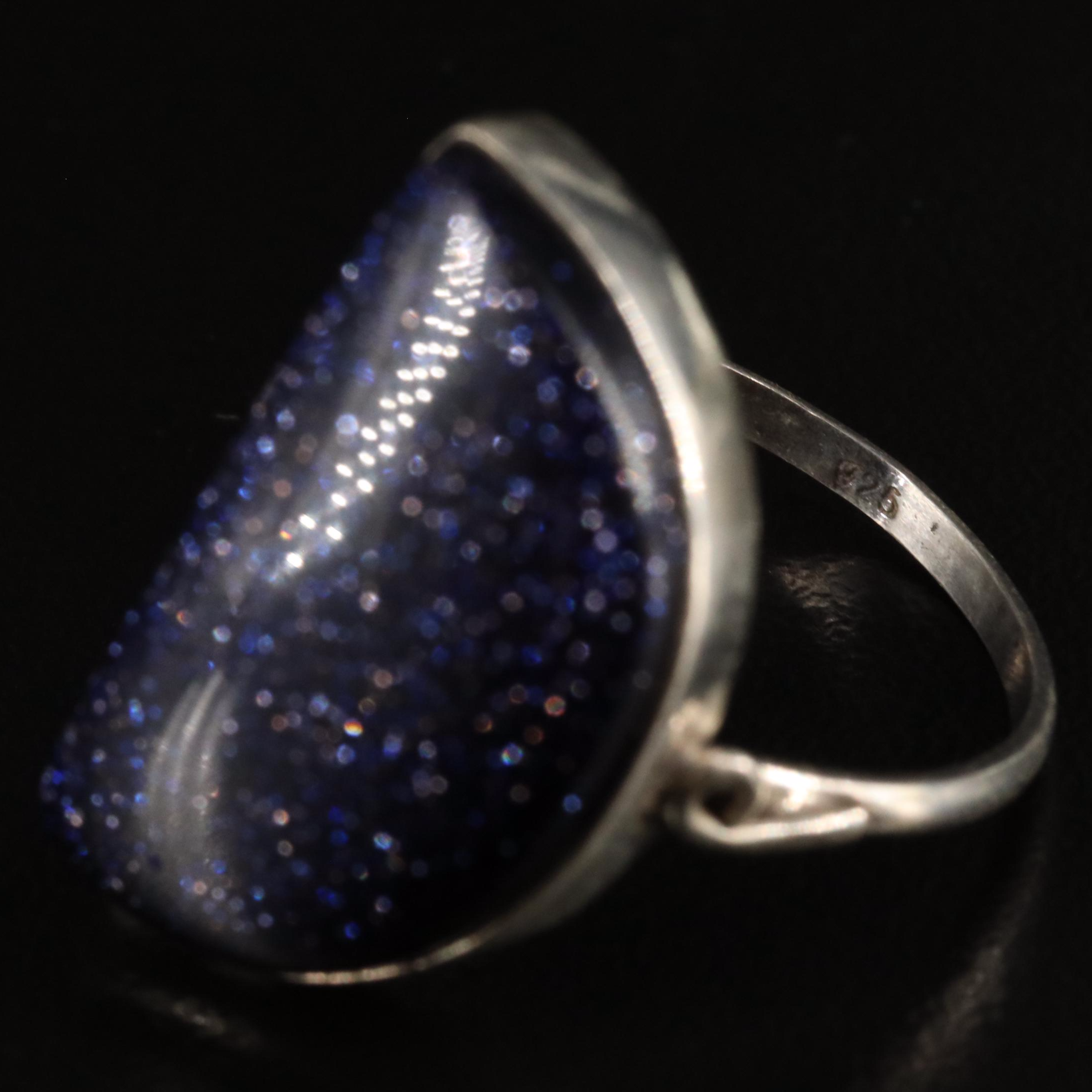 Sterling and Goldstone Glass Geometric Ring