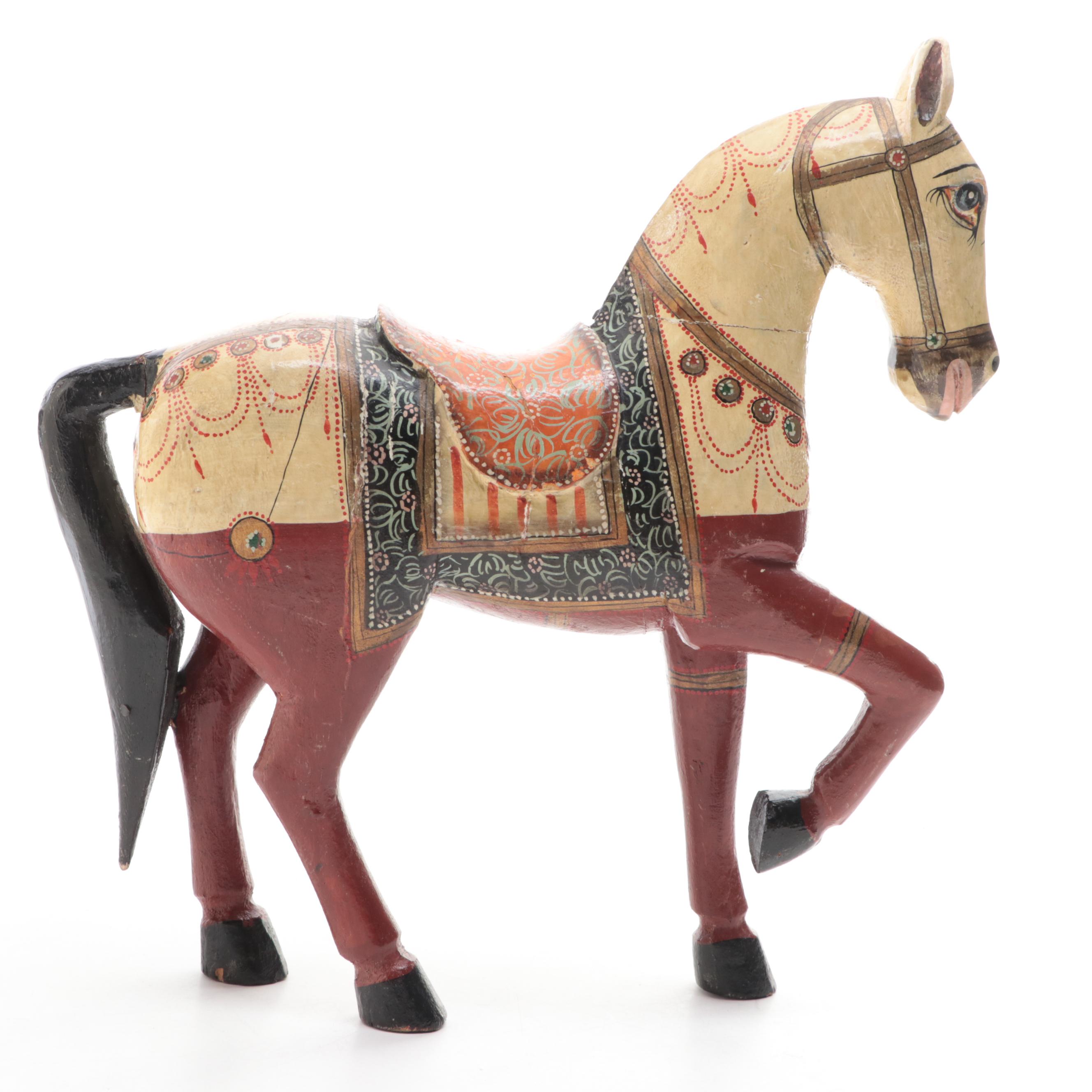 Indian Polychrome Carved Wood Ghodi Wedding Horse Figurine