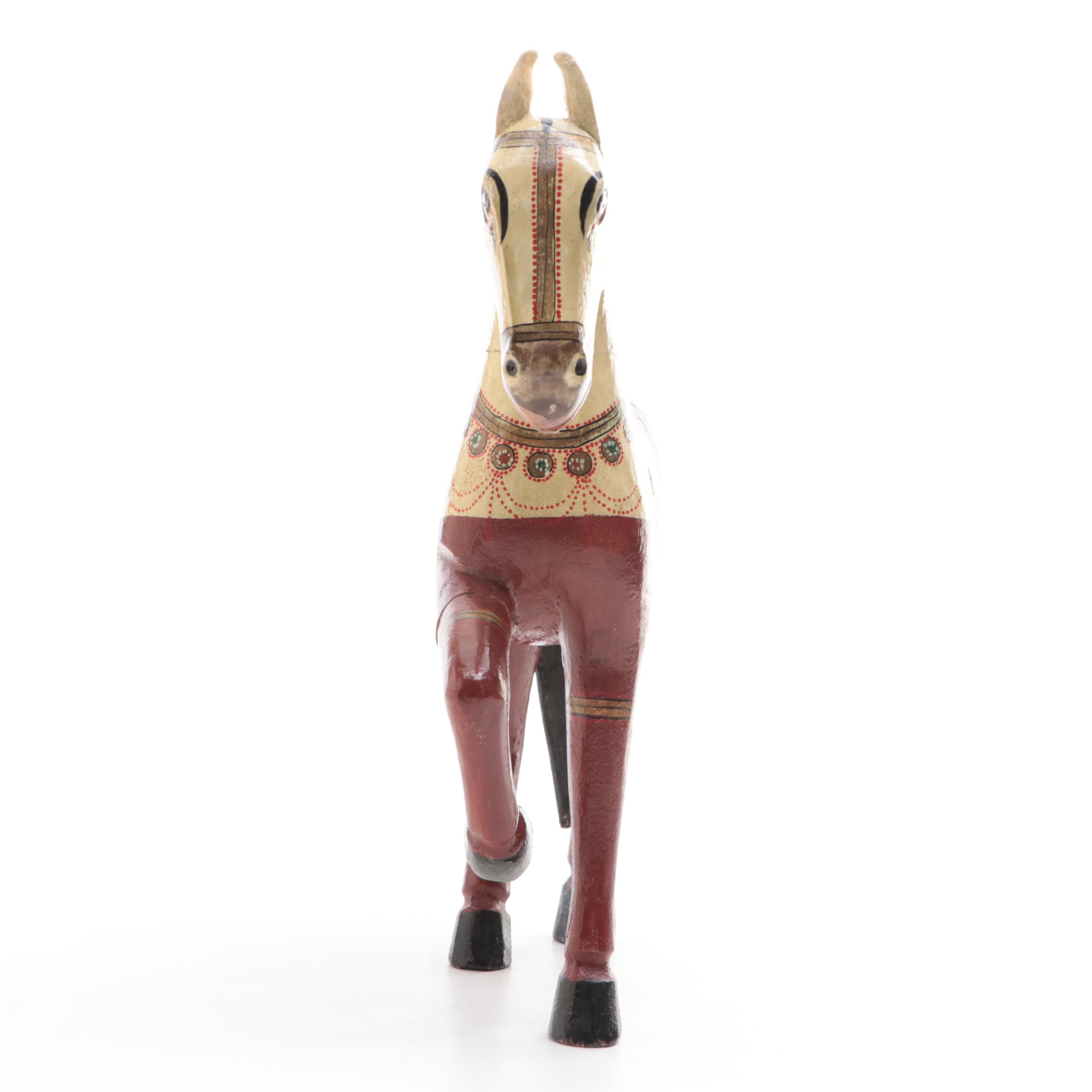 Indian Polychrome Carved Wood Ghodi Wedding Horse Figurine