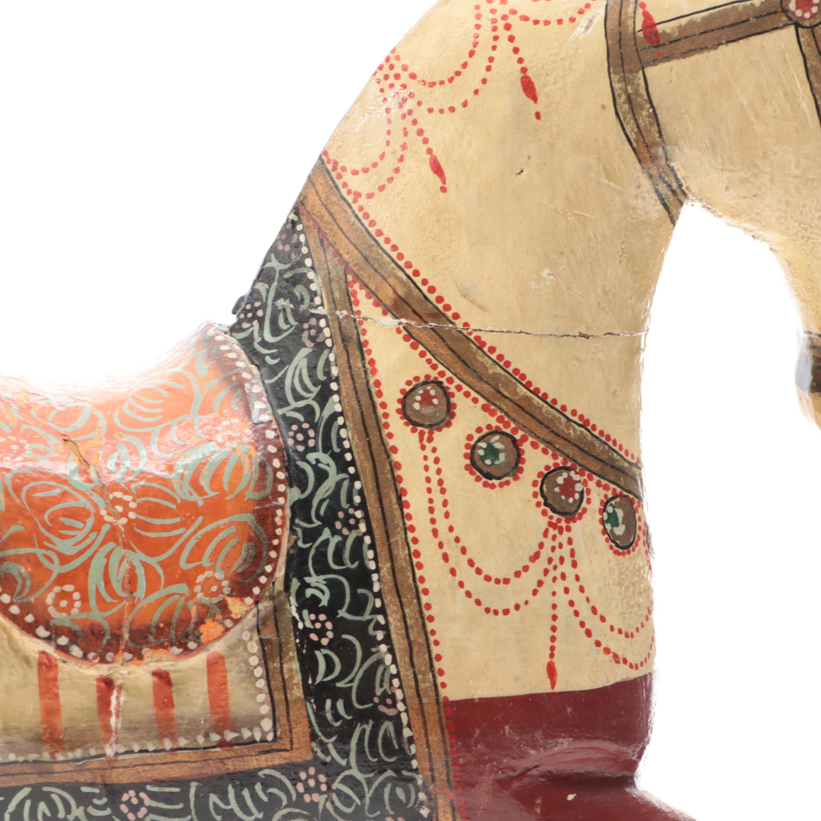 Indian Polychrome Carved Wood Ghodi Wedding Horse Figurine