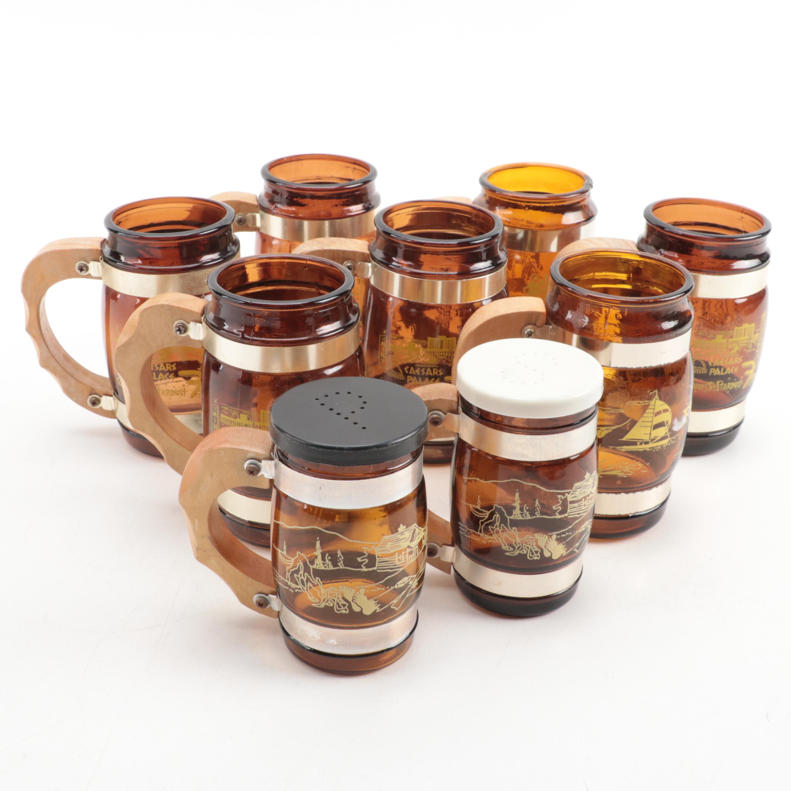 Glass Souvenir Wooden Handled Barrel Shaped Mugs and Shakers