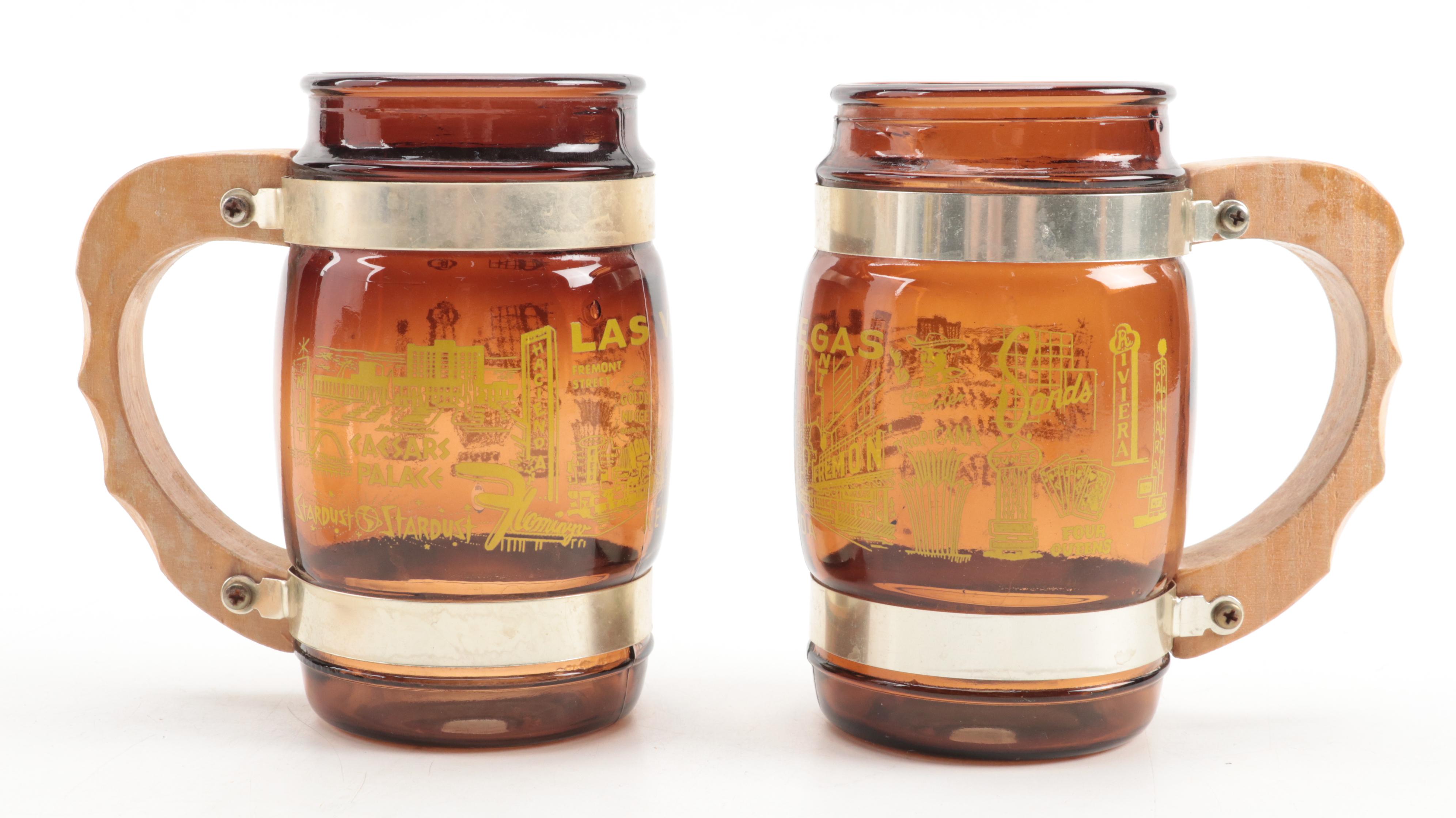 Glass Souvenir Wooden Handled Barrel Shaped Mugs and Shakers