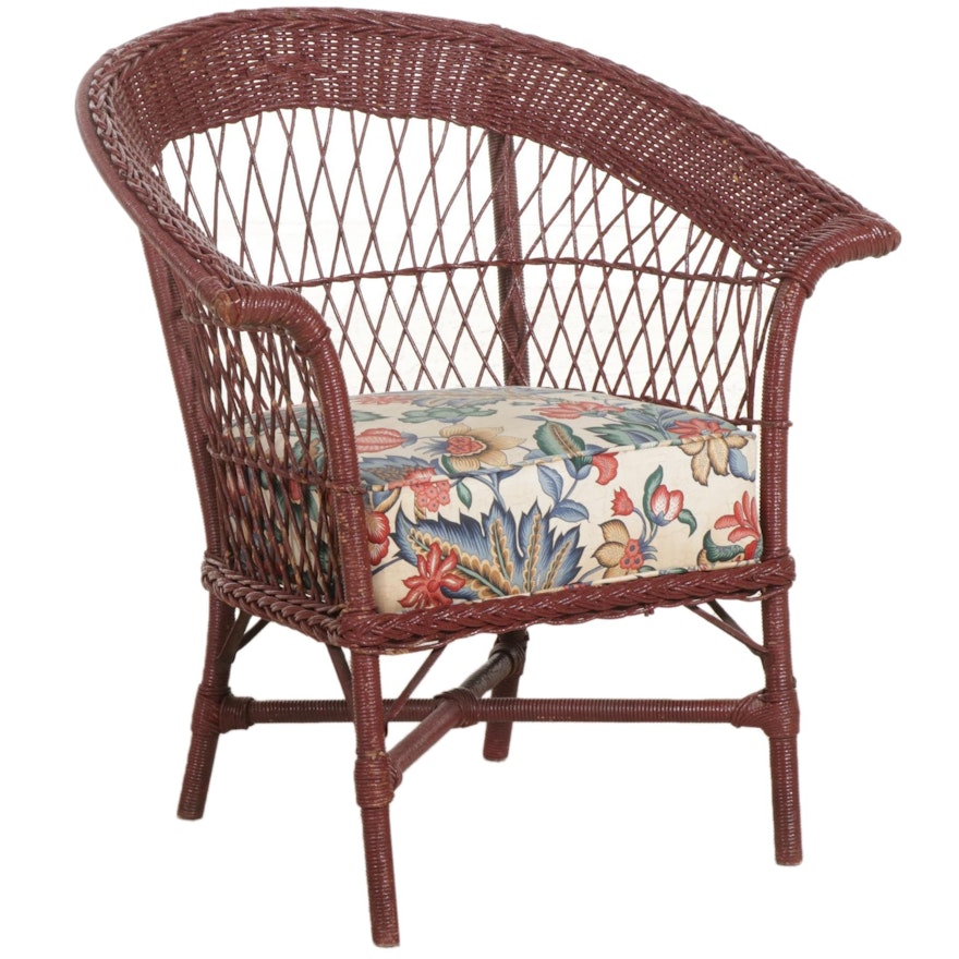 Burgundy-Painted Wicker Chair with Removable Upholstered Seat, circa 1940