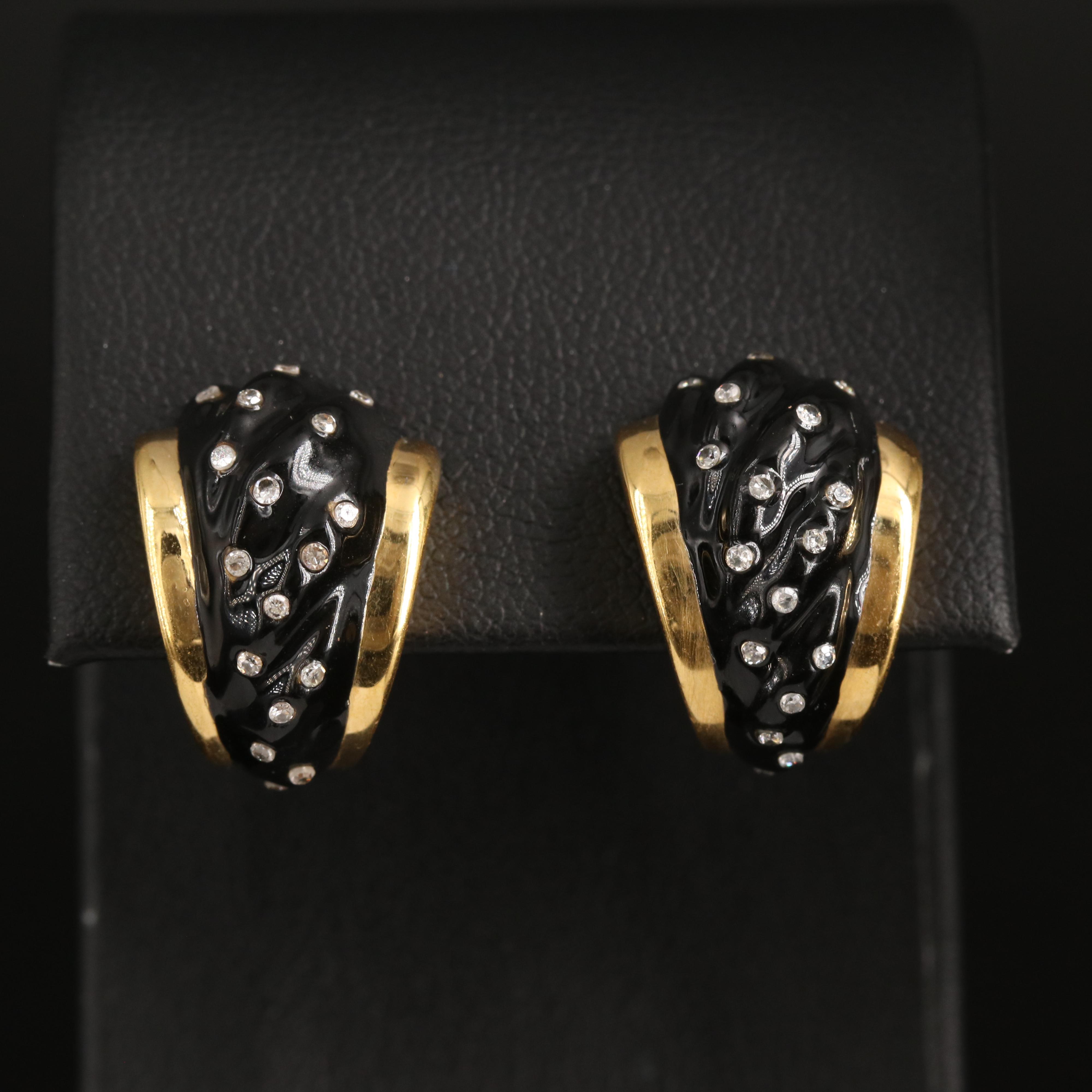 14K Diamond and Enamel Fluted J Hoop Earrings