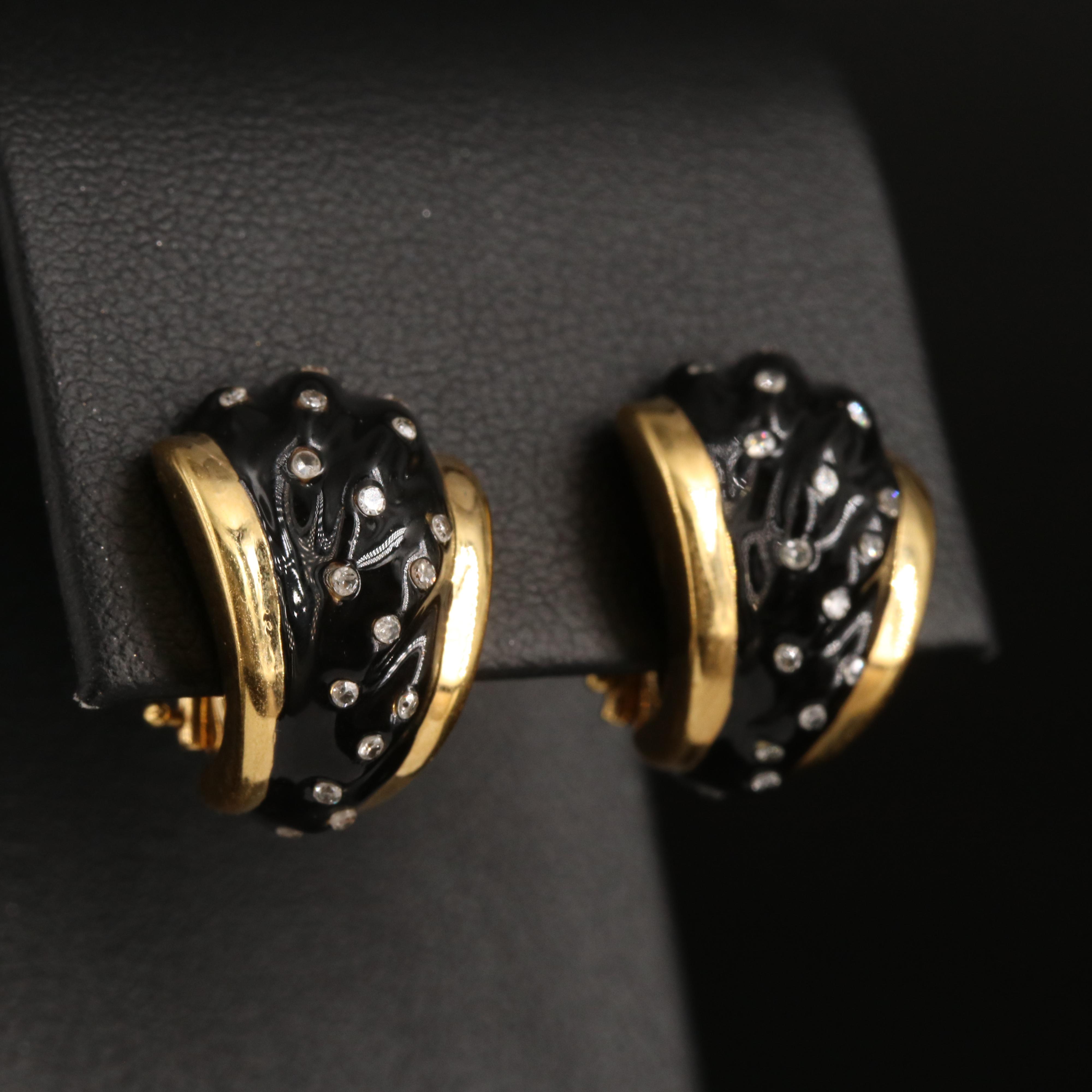 14K Diamond and Enamel Fluted J Hoop Earrings