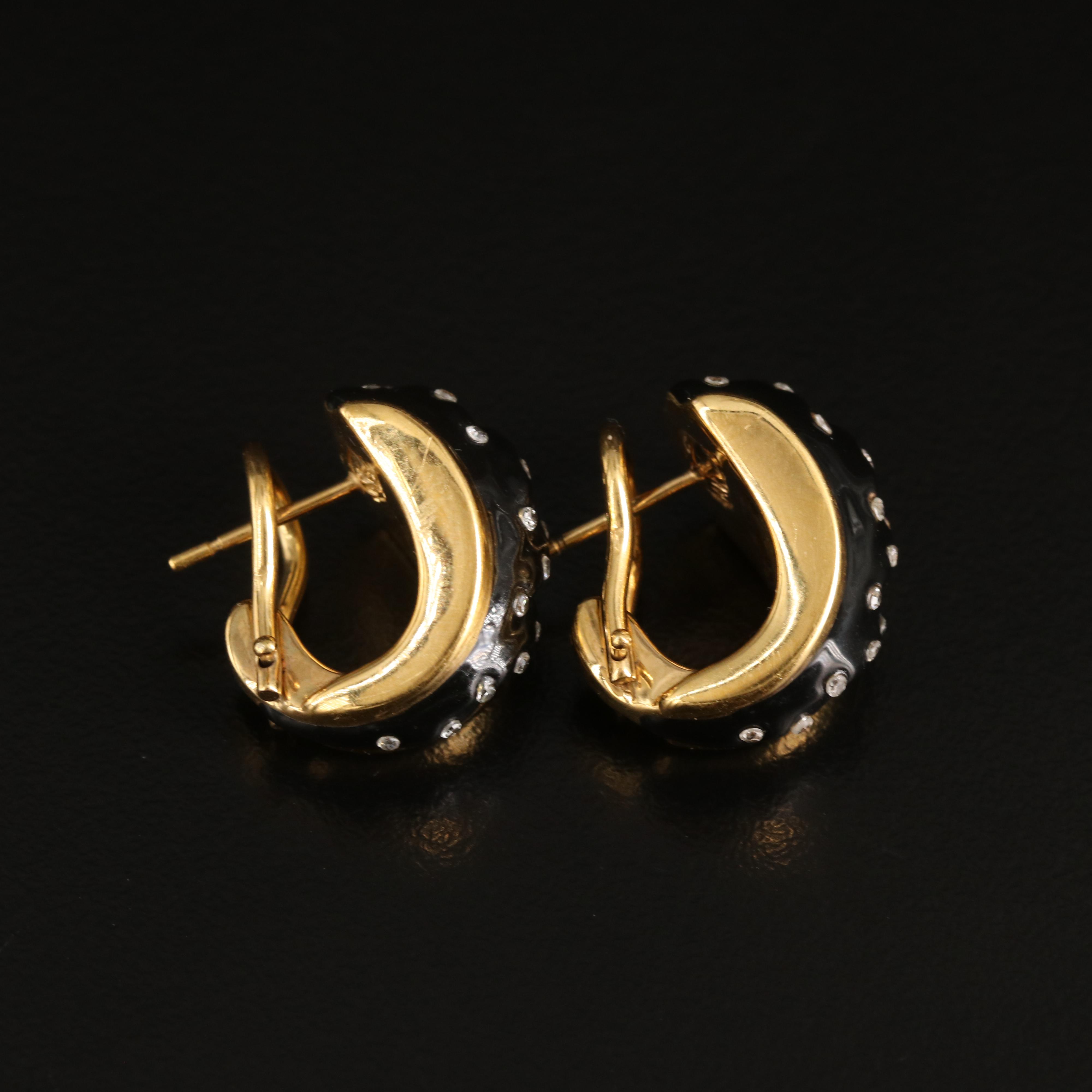 14K Diamond and Enamel Fluted J Hoop Earrings