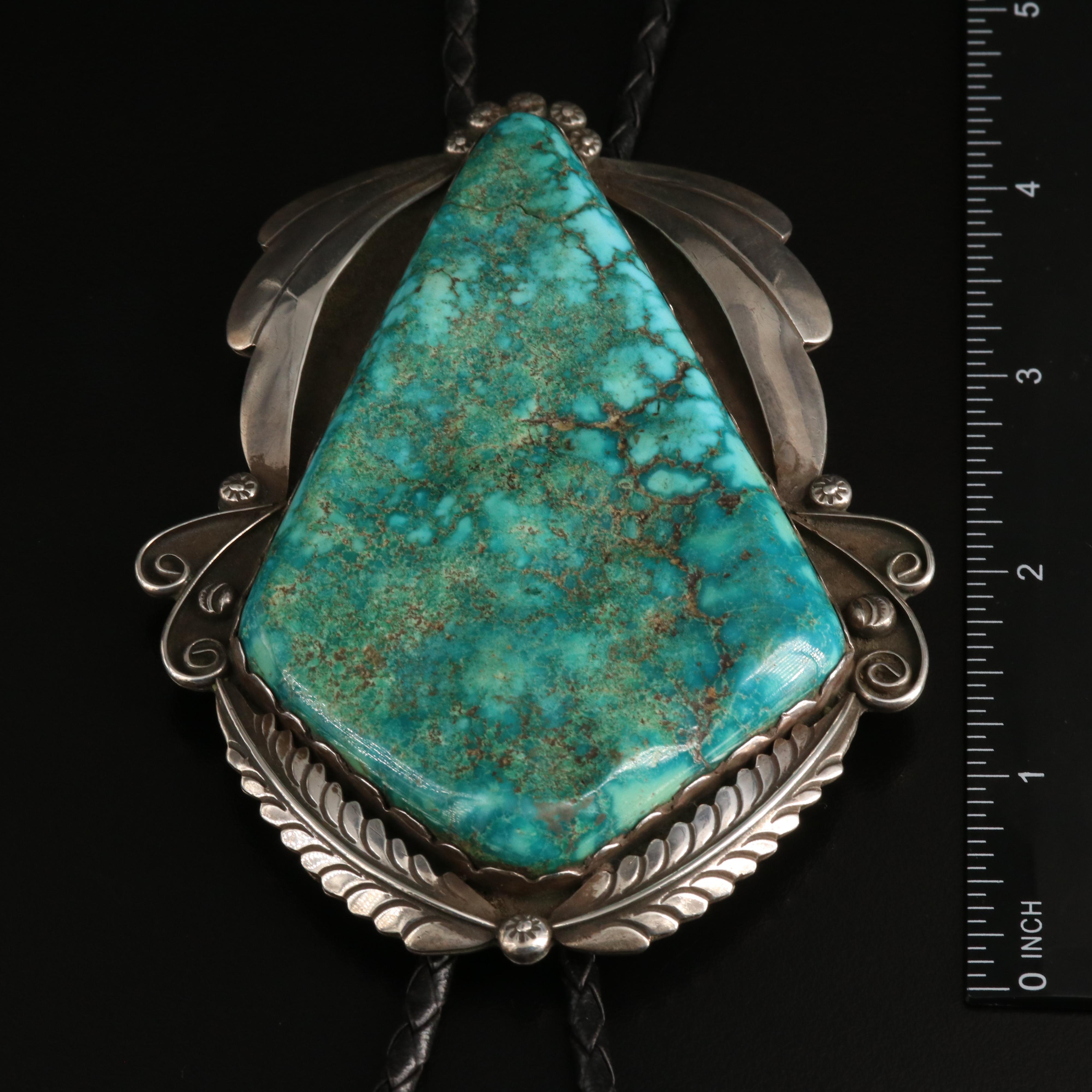 Signed 96.00 x 62.00 mm Turquoise Sterling Feather, Rain Drops and Wind Bolo Tie