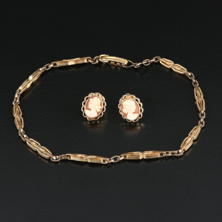 14K Shell Cameo Earrings with Fancy Link Bracelet