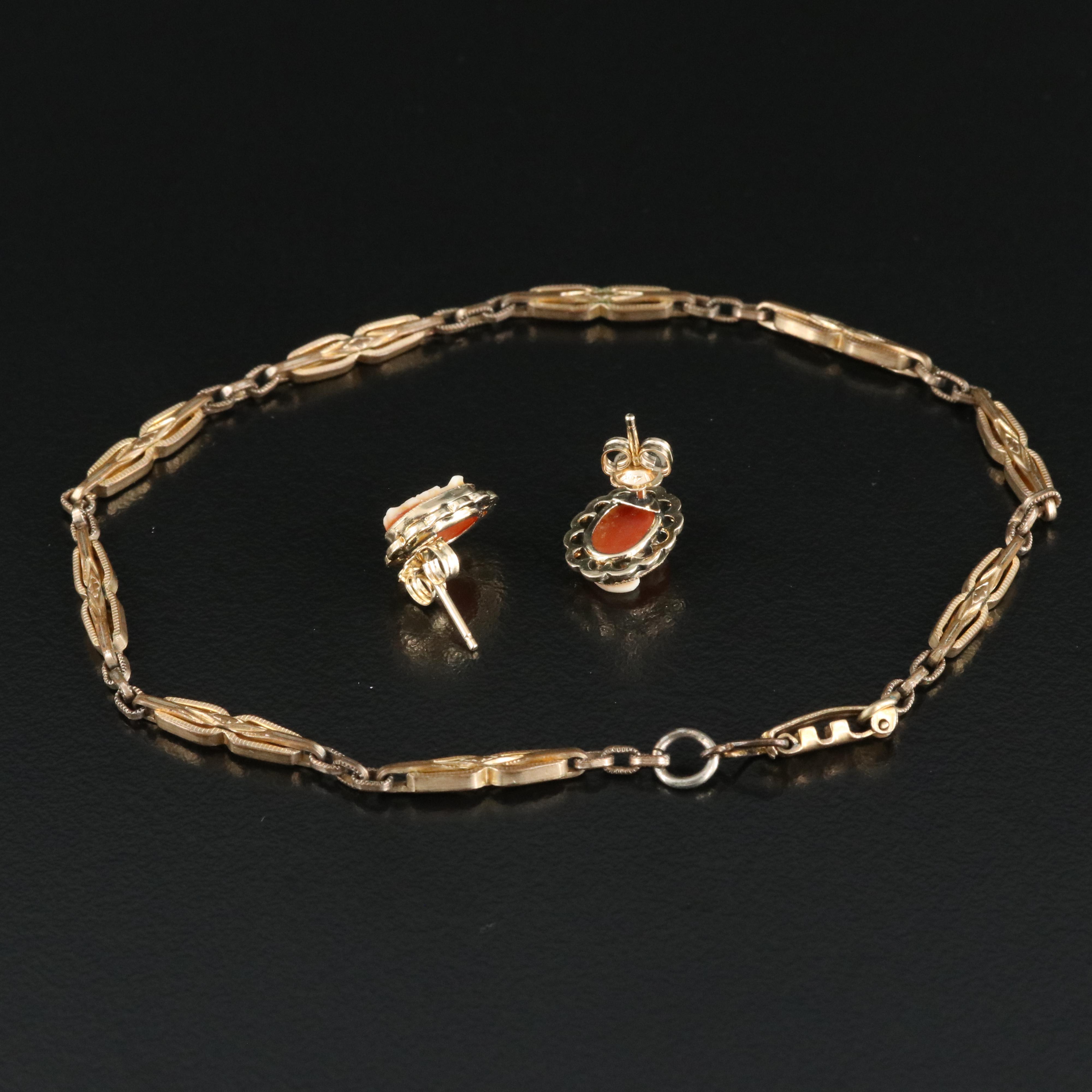14K Shell Cameo Earrings with Fancy Link Bracelet