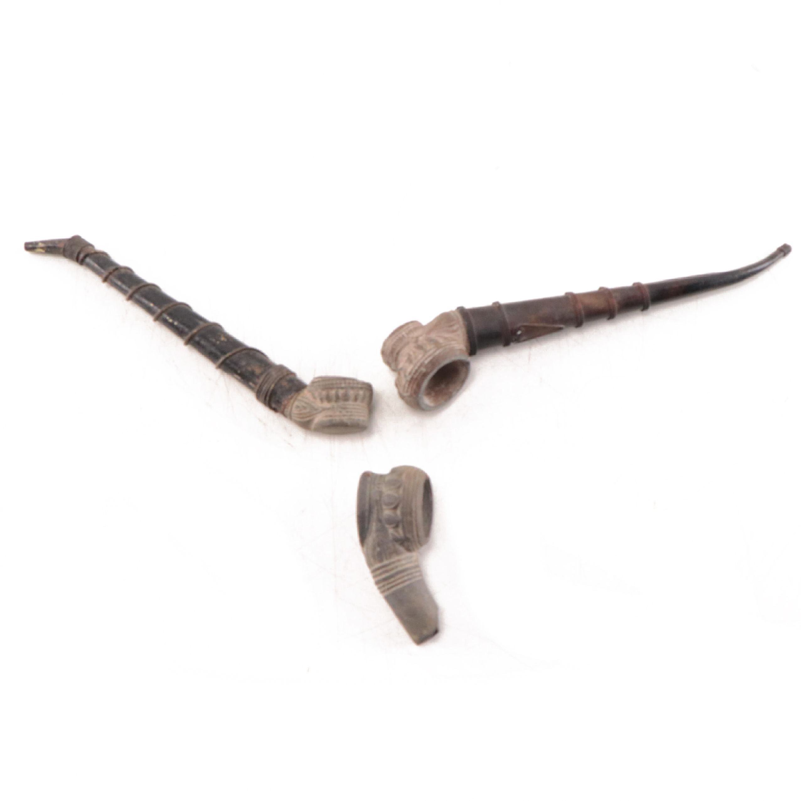 Laotian Khmer Stoneware Pipes and Pipe Bowls, Circa 1300