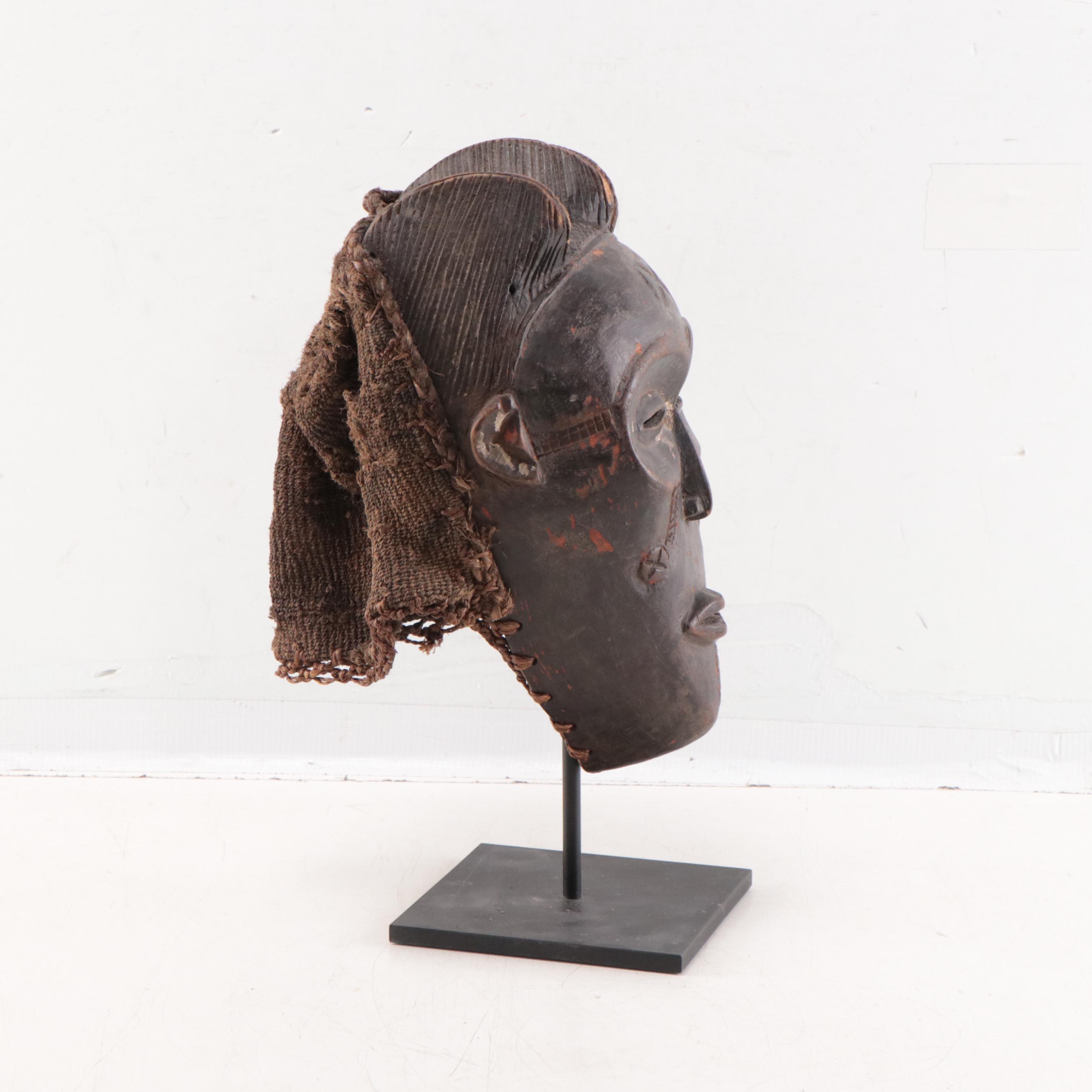 Chokwe "Mwana Pwo" Style Carved Wood and Fiber Mask