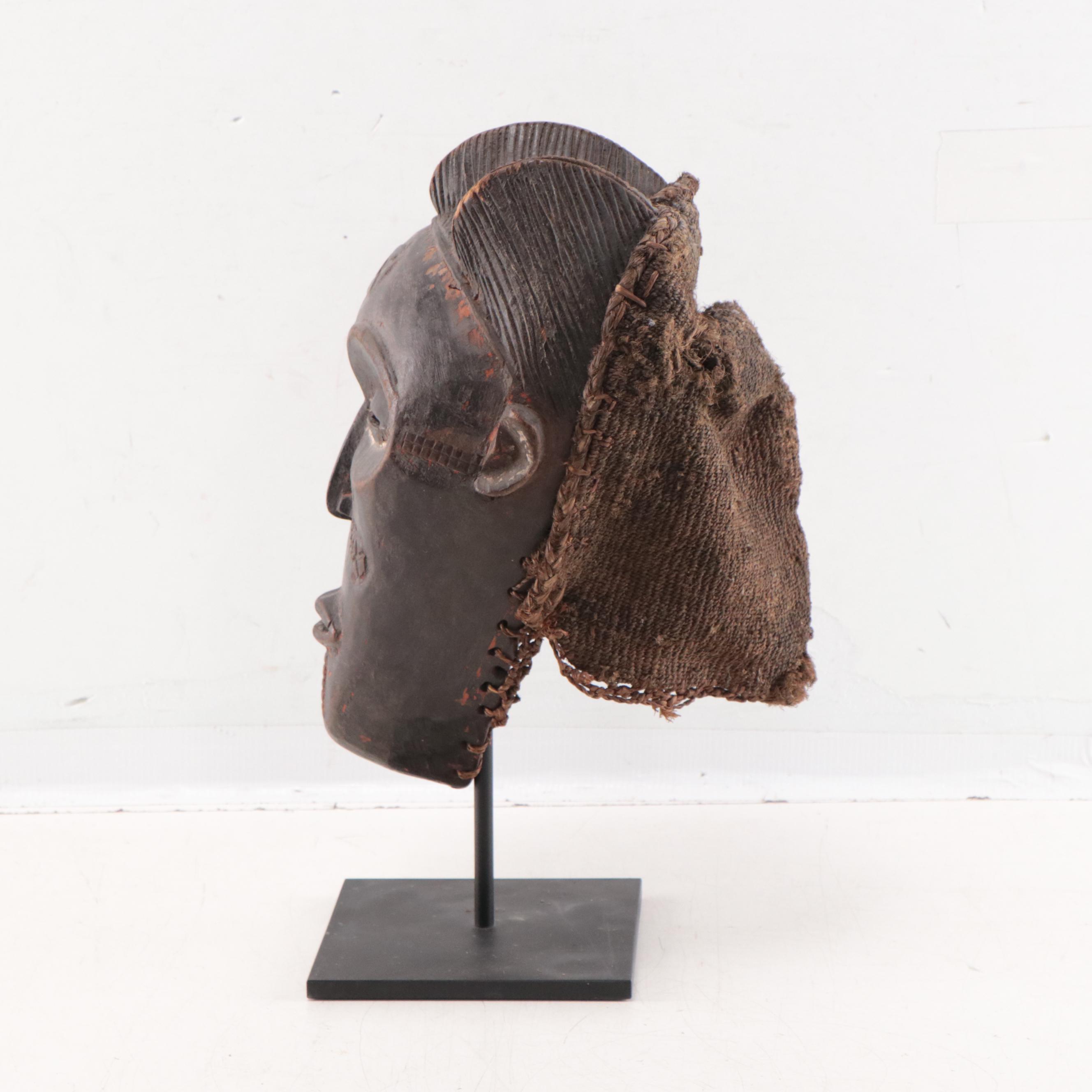 Chokwe "Mwana Pwo" Style Carved Wood and Fiber Mask