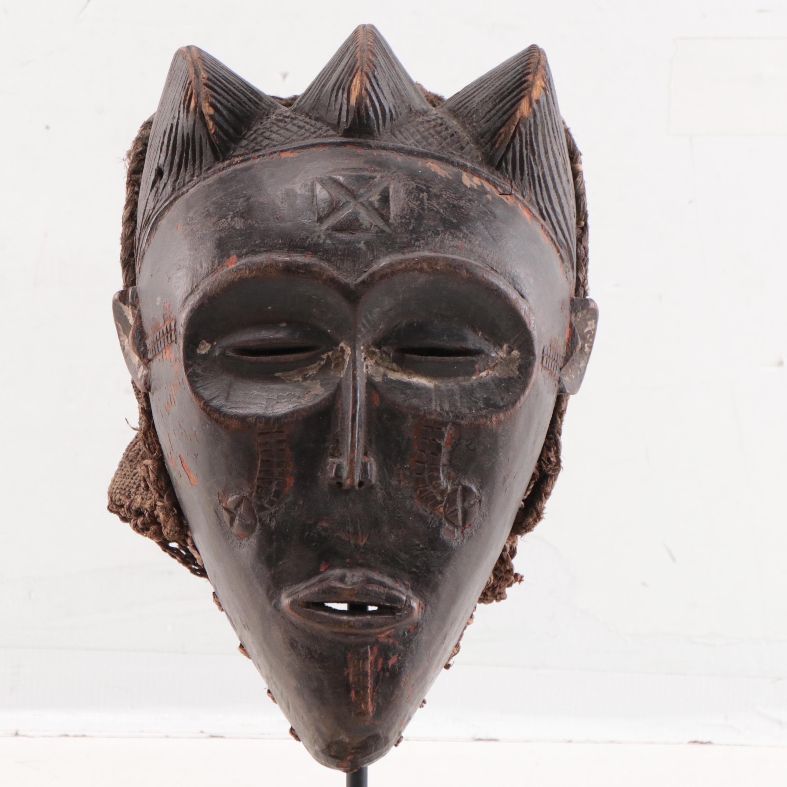 Chokwe "Mwana Pwo" Style Carved Wood and Fiber Mask
