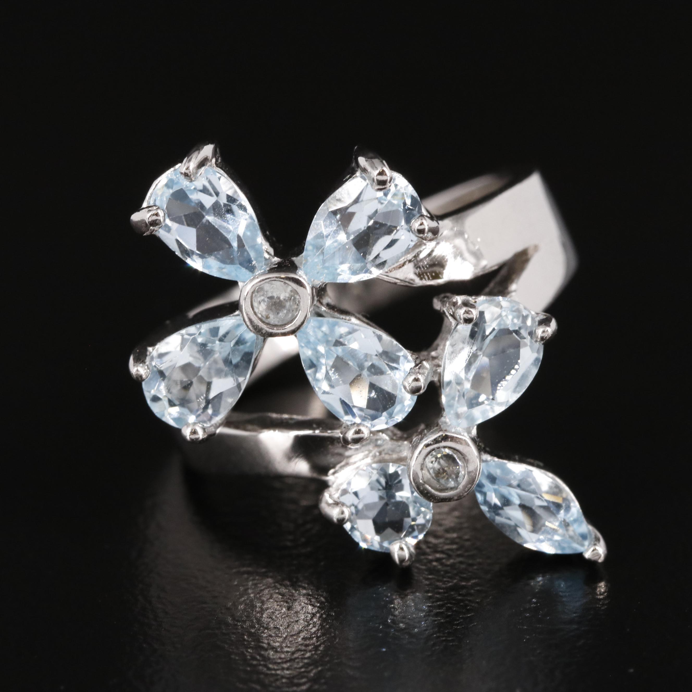 Sterling and Aquamarine Floral Ring