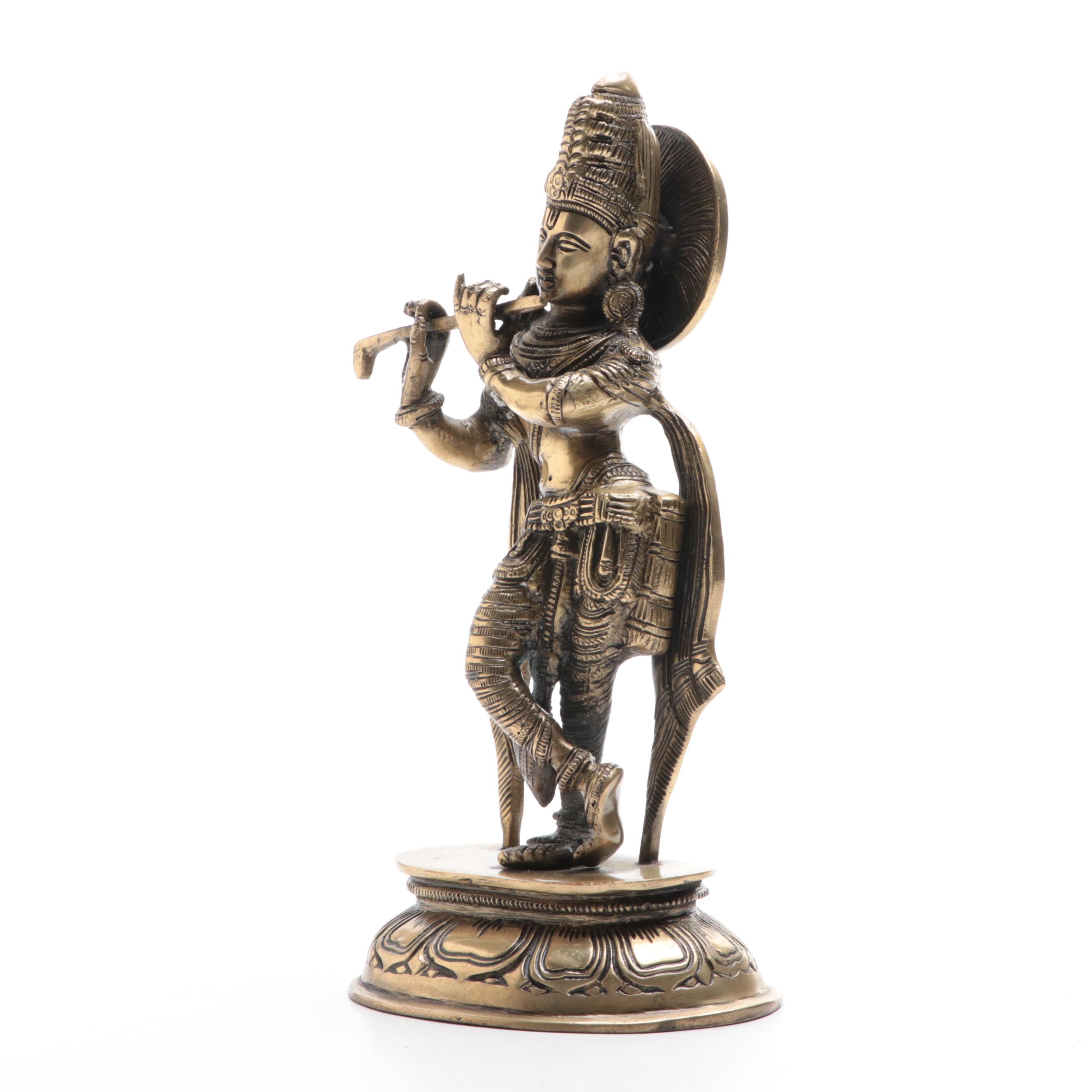 Brass Krishna Playing Flute Figurine